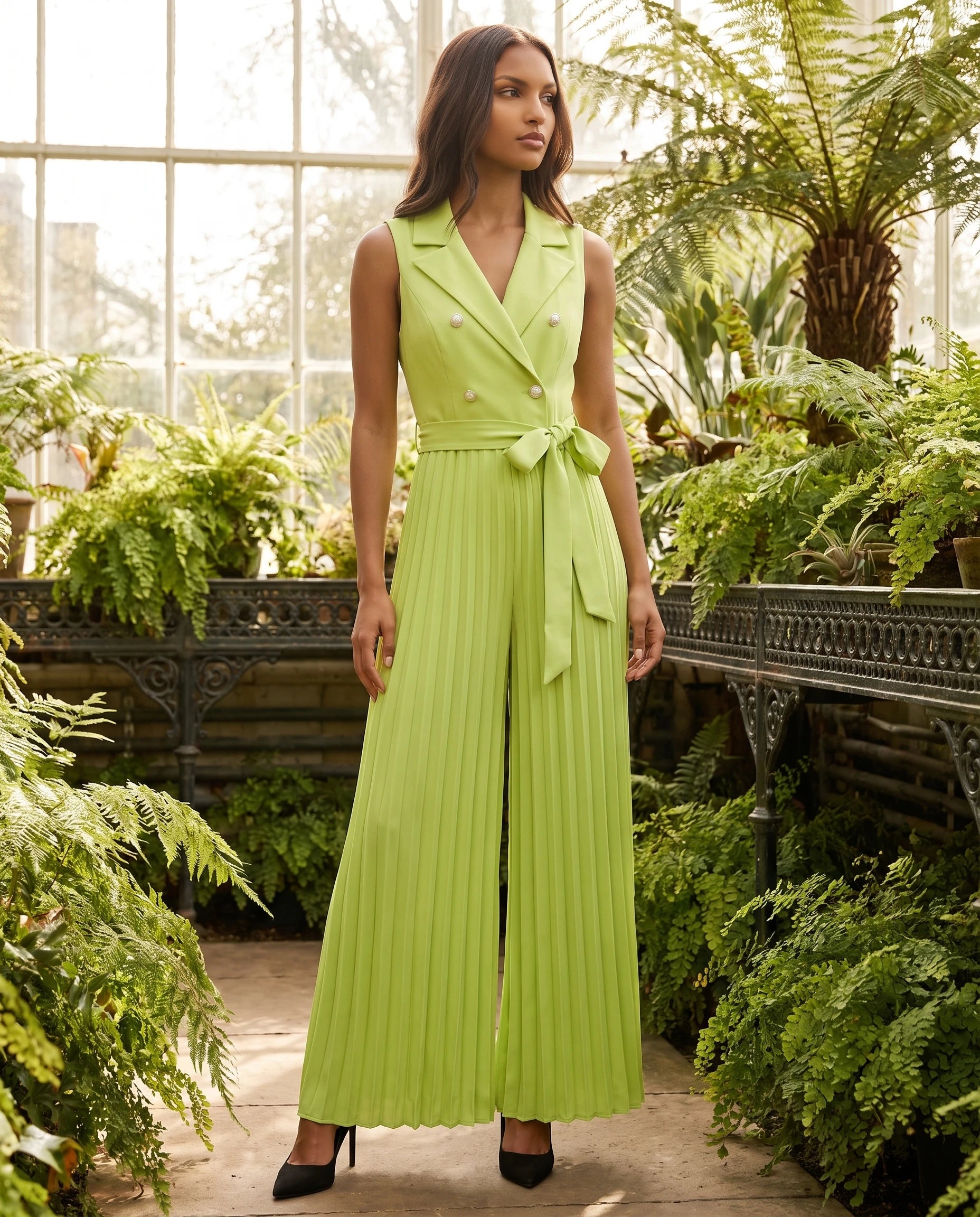 Combinaison habillée plissée à buste blazer Lucinde, coloris Vert prairie, portée dans une serre victorienne