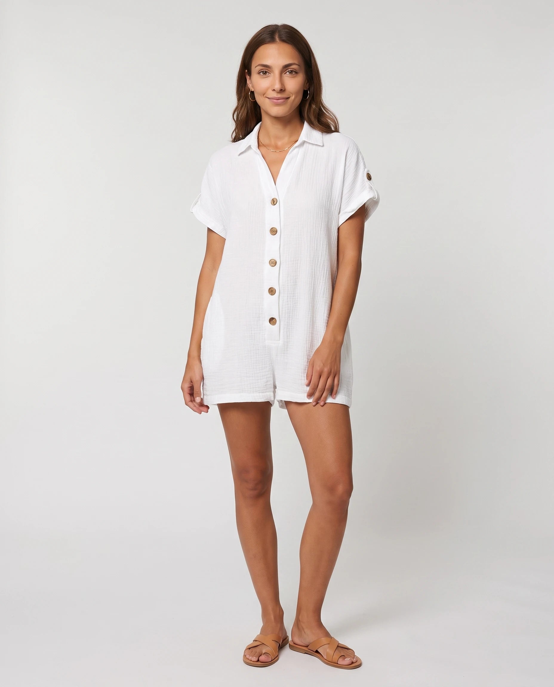 Combishort col chemise boutonné Blanc — vue de face studio
