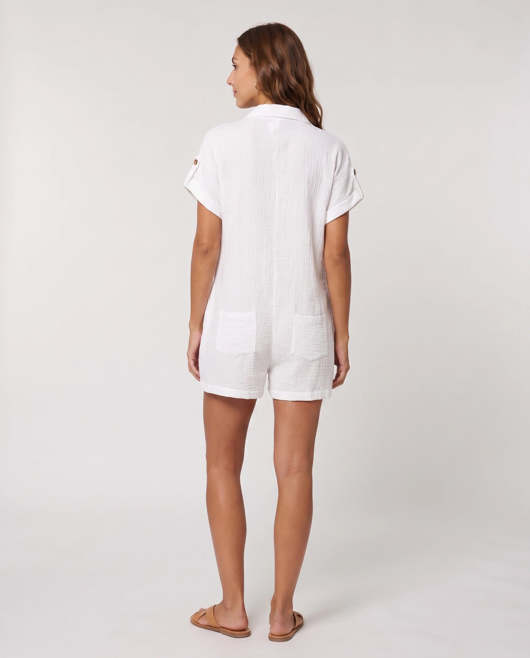 Combishort col chemise boutonné Blanc — vue de dos studio