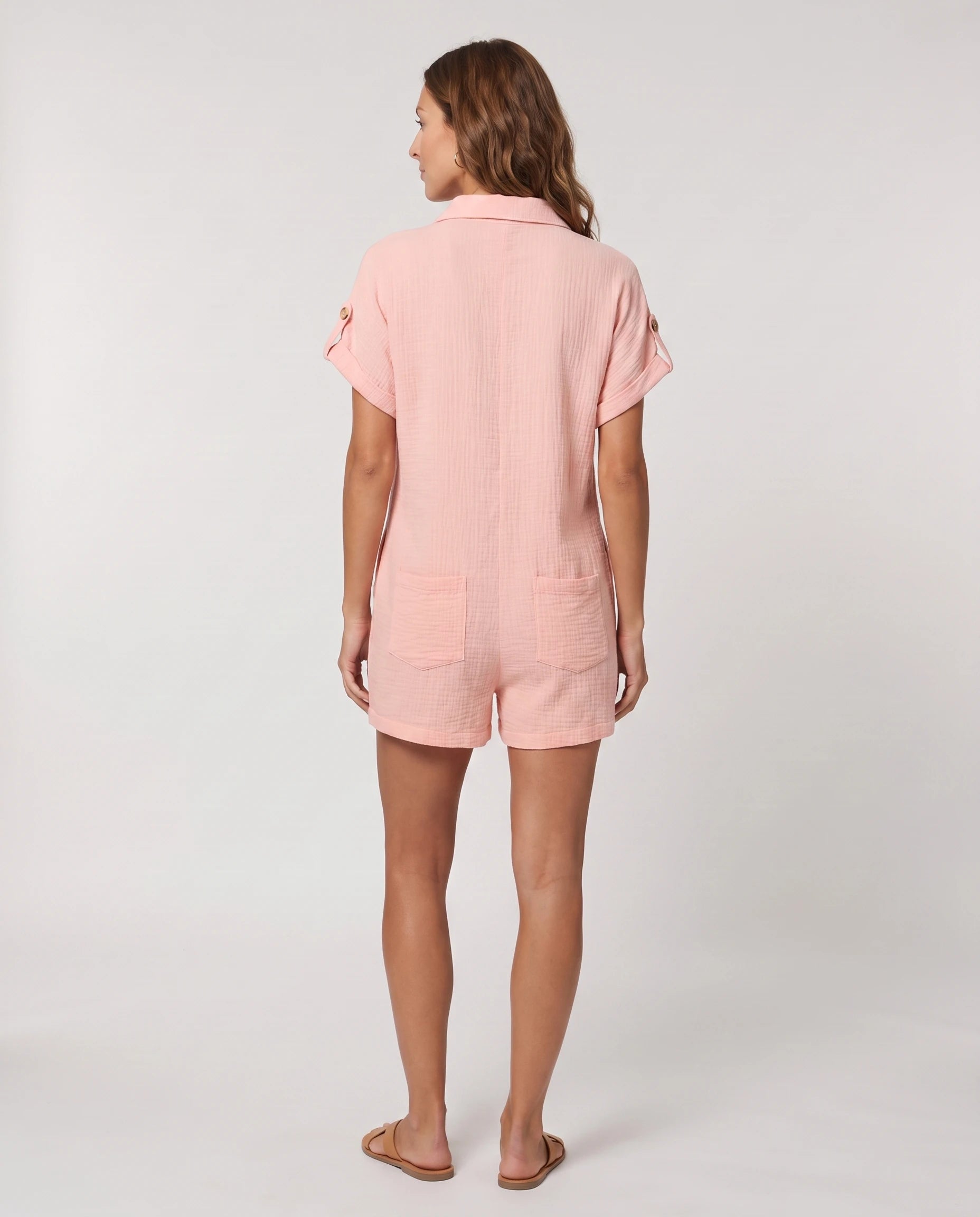 Combishort col chemise boutonné Rose Poudré — vue de dos studio