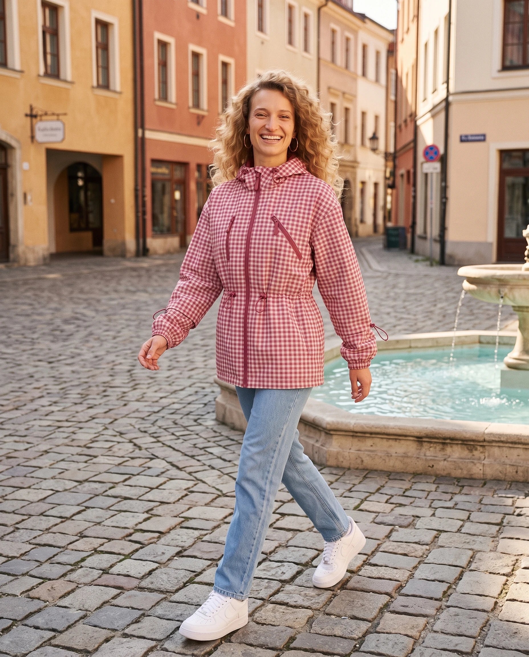 Coupe-vent en vichy rose Malou, porté sur une place pavée ensoleillée