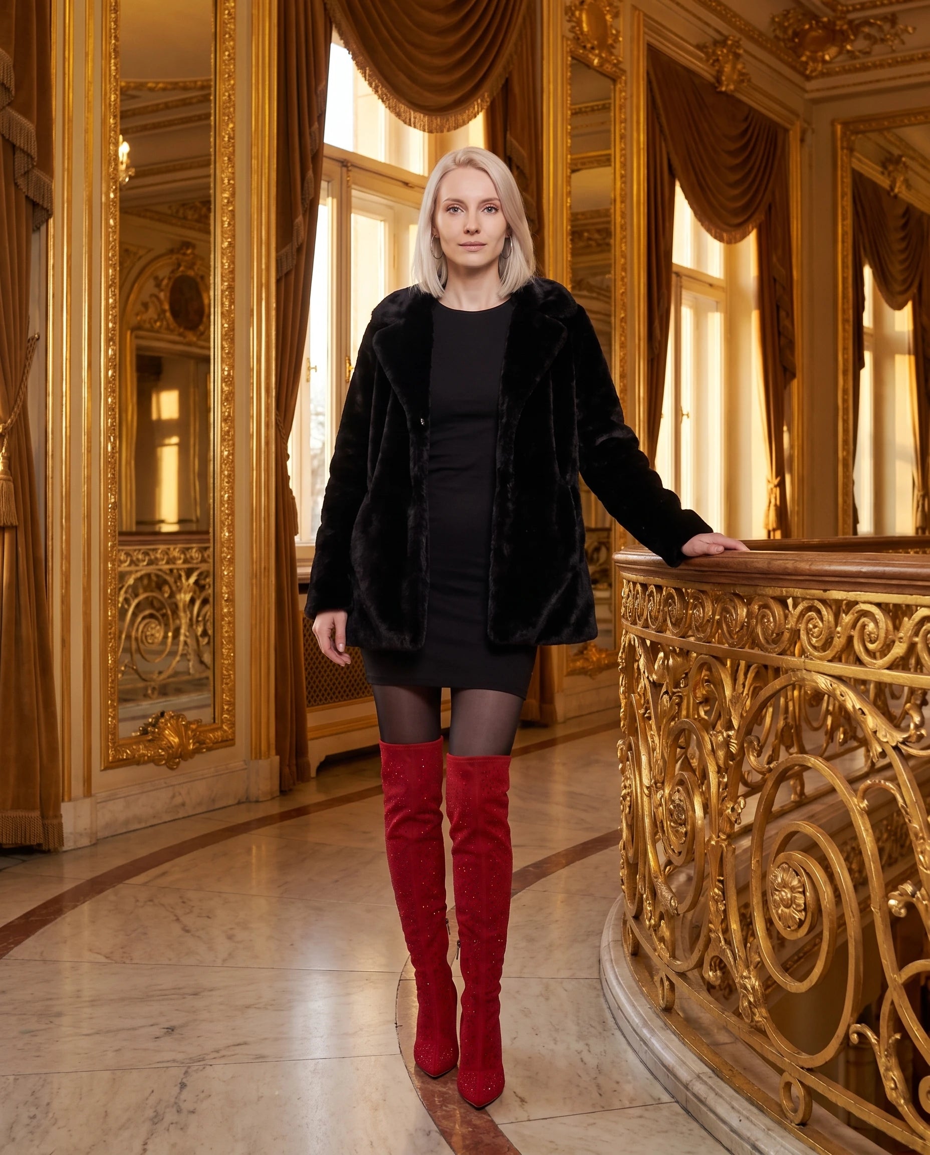 Cuissardes en suédine à strass Bérangère — Rouge, portées dans un foyer d'opéra aux miroirs dorés