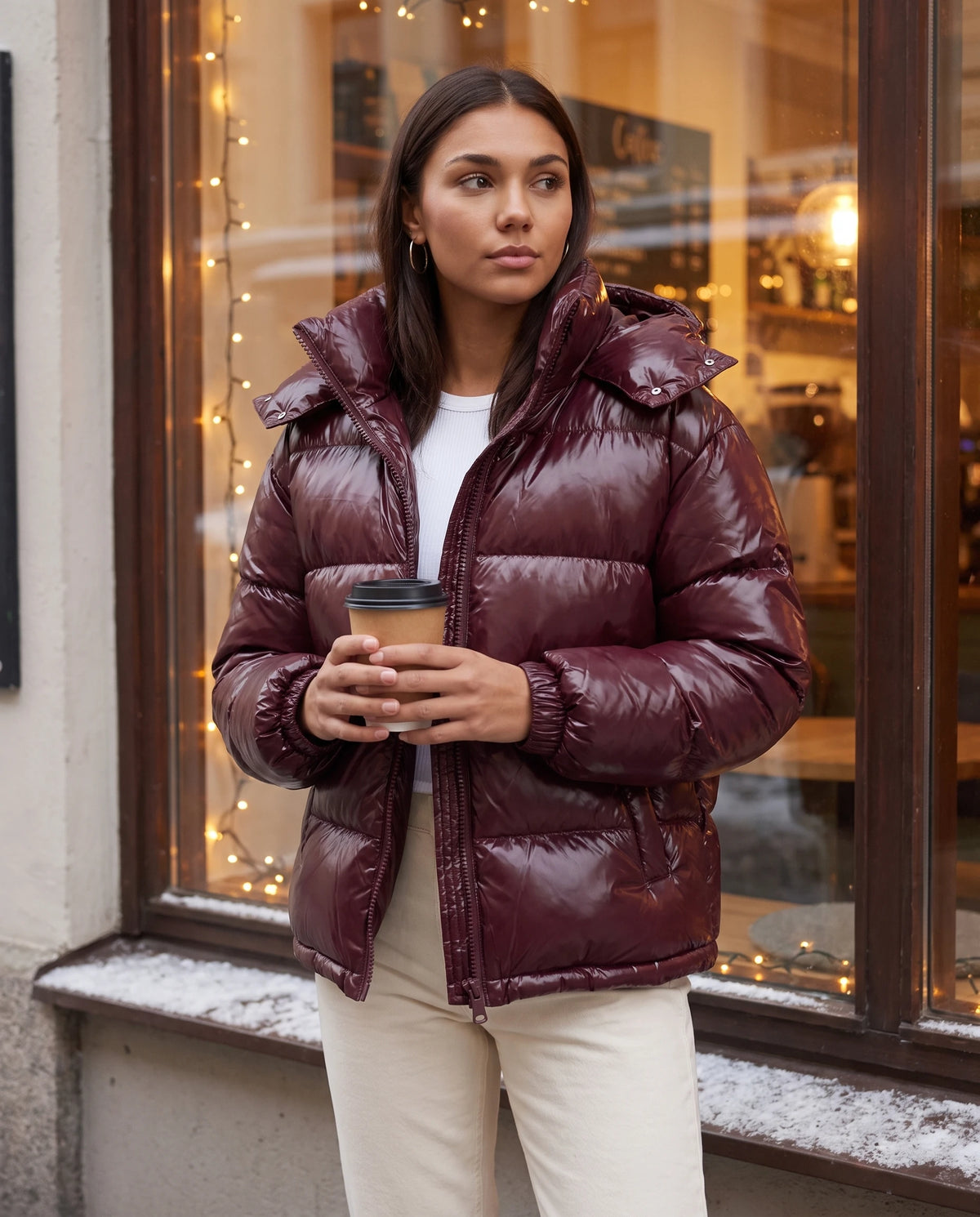 Doudoune brillante Tessa en Bordeaux, portée devant la vitrine d'un café