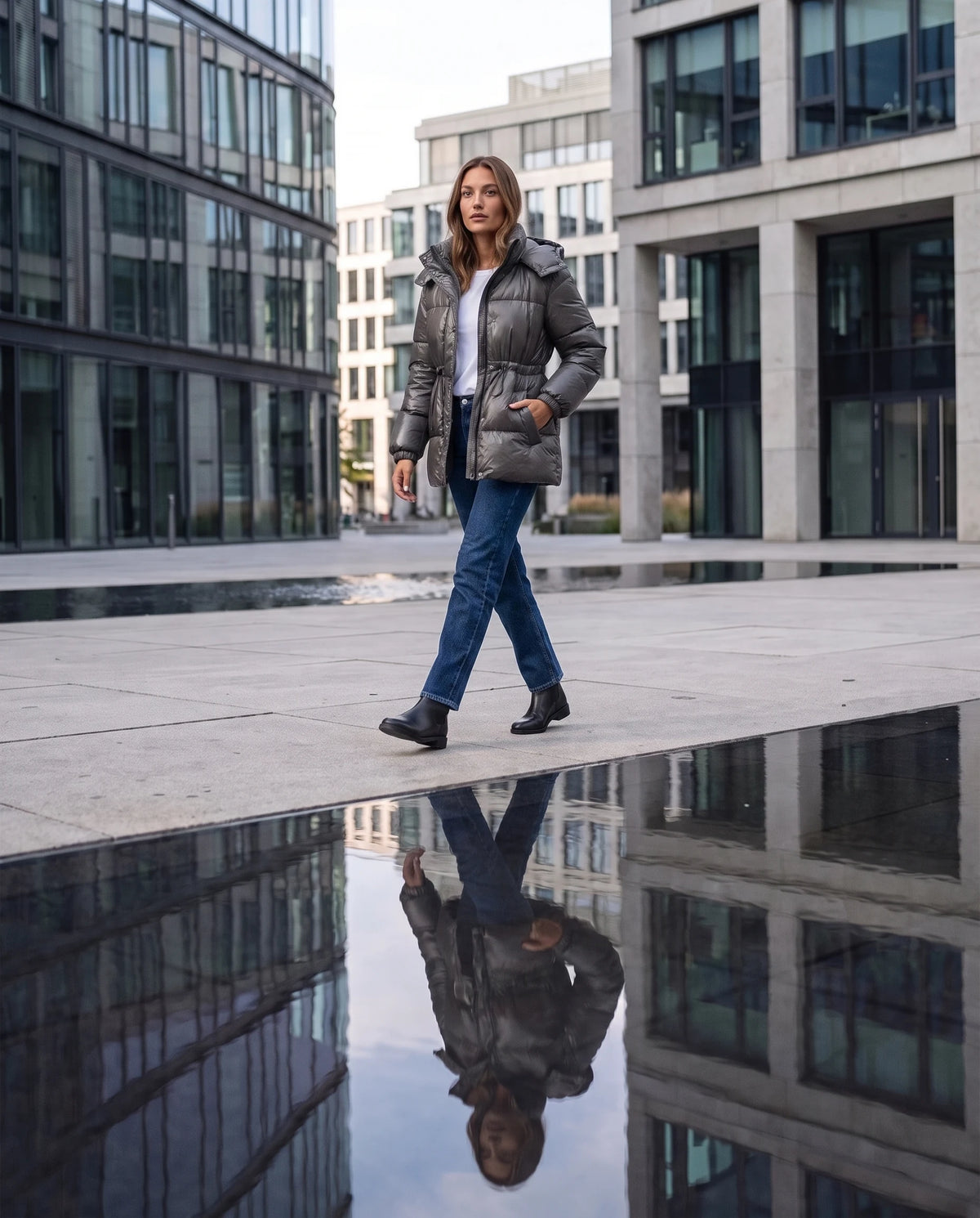 Glänzende Steppjacke Armeline in Anthrazit, getragen auf einer modernen Esplanade