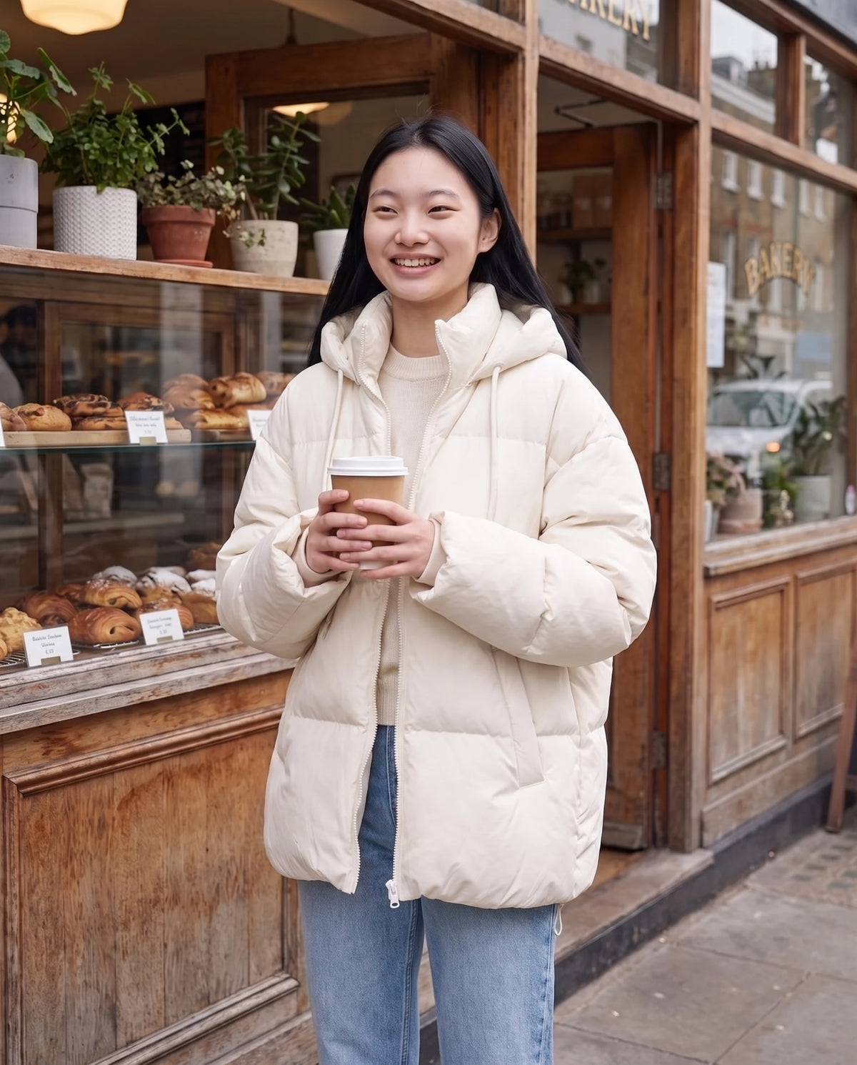 Doudoune à capuche Anaëlle en Écru portée devant une boulangerie