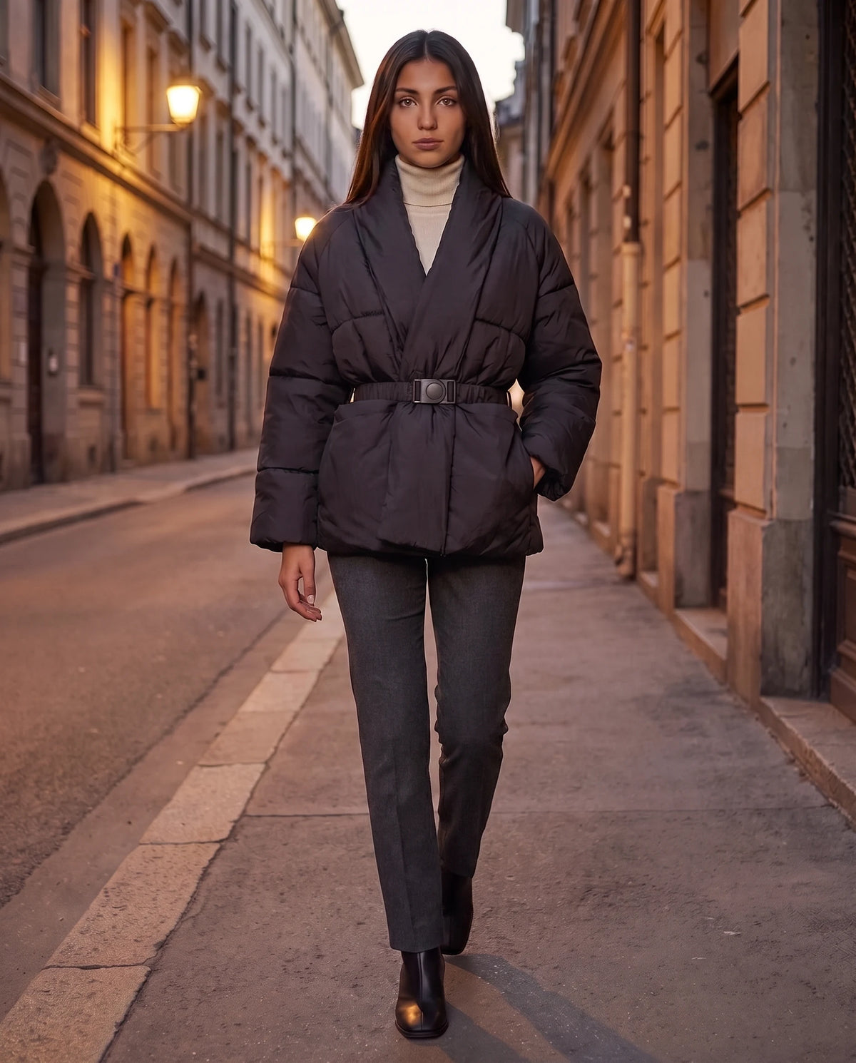 Steppjacke mit Gürtel und gekreuztem Schalkragen Chloé in Schwarz, getragen auf einem Gehsteig am Abend