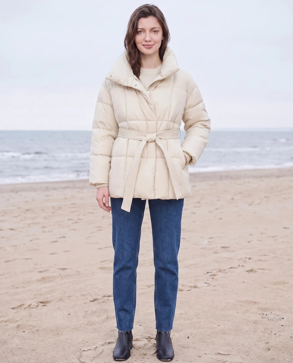 Steppjacke mit Bindegürtel und Stehkragen Lou in Ecru, getragen an einem Strand im Winter