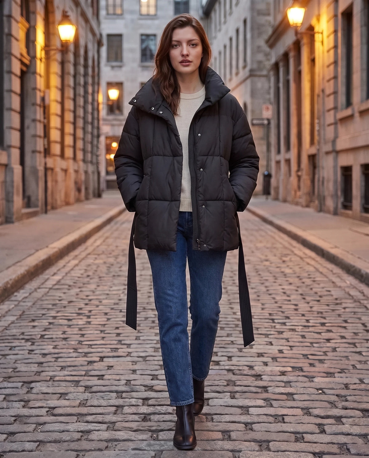 Steppjacke mit Bindegürtel und Stehkragen Lou in Schwarz, getragen in einer Kopfsteinpflasterstrasse am Abend, Gürtel lose