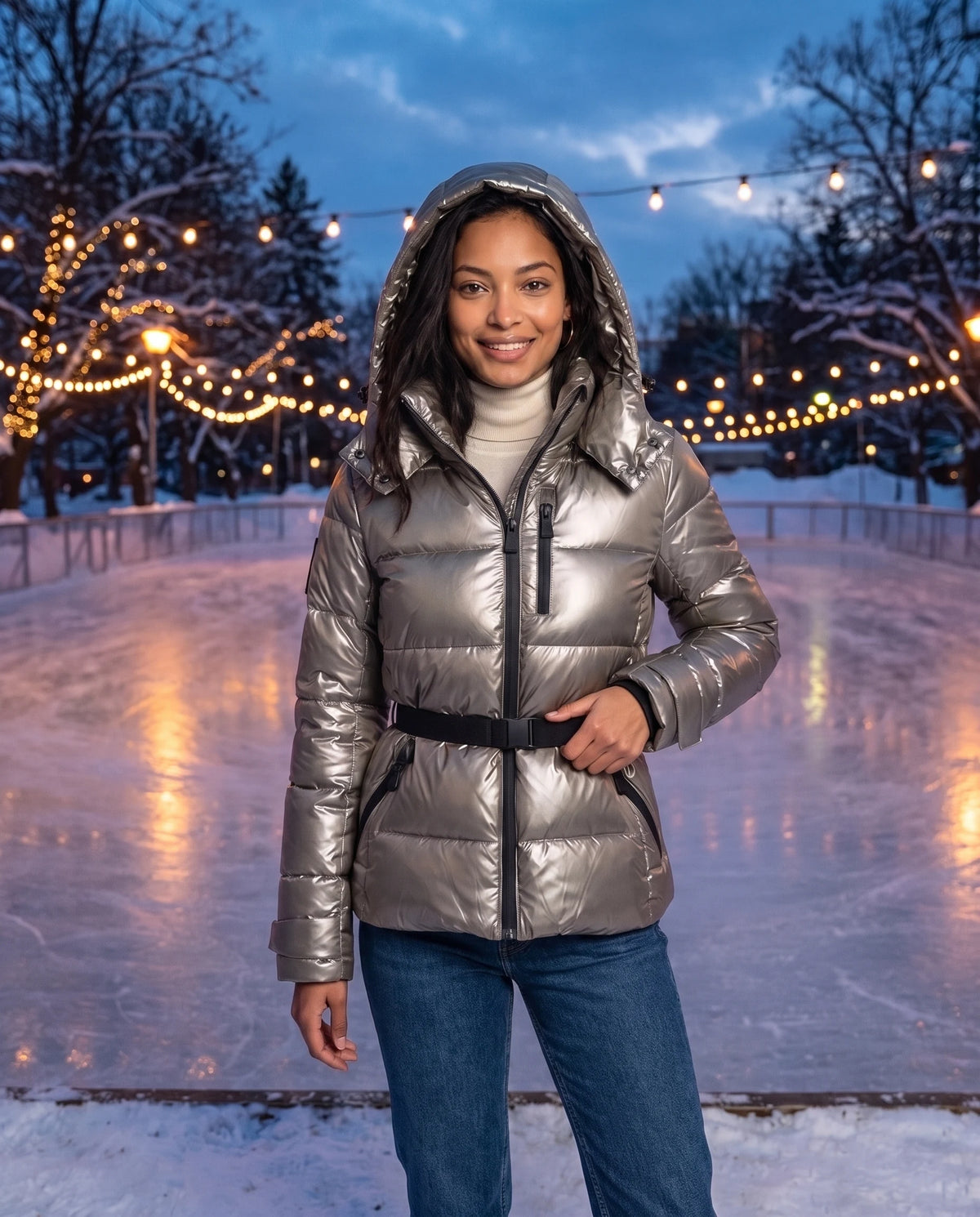 Doudoune cintrée à ceinture Rozenn en Argent, portée sur une patinoire en plein air
