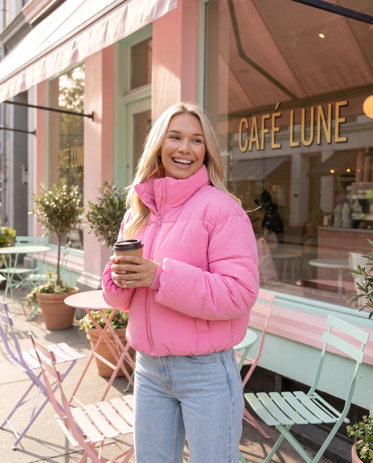 Kurze Steppjacke Odeline in Bonbonrosa, getragen vor einem Pastellcafé