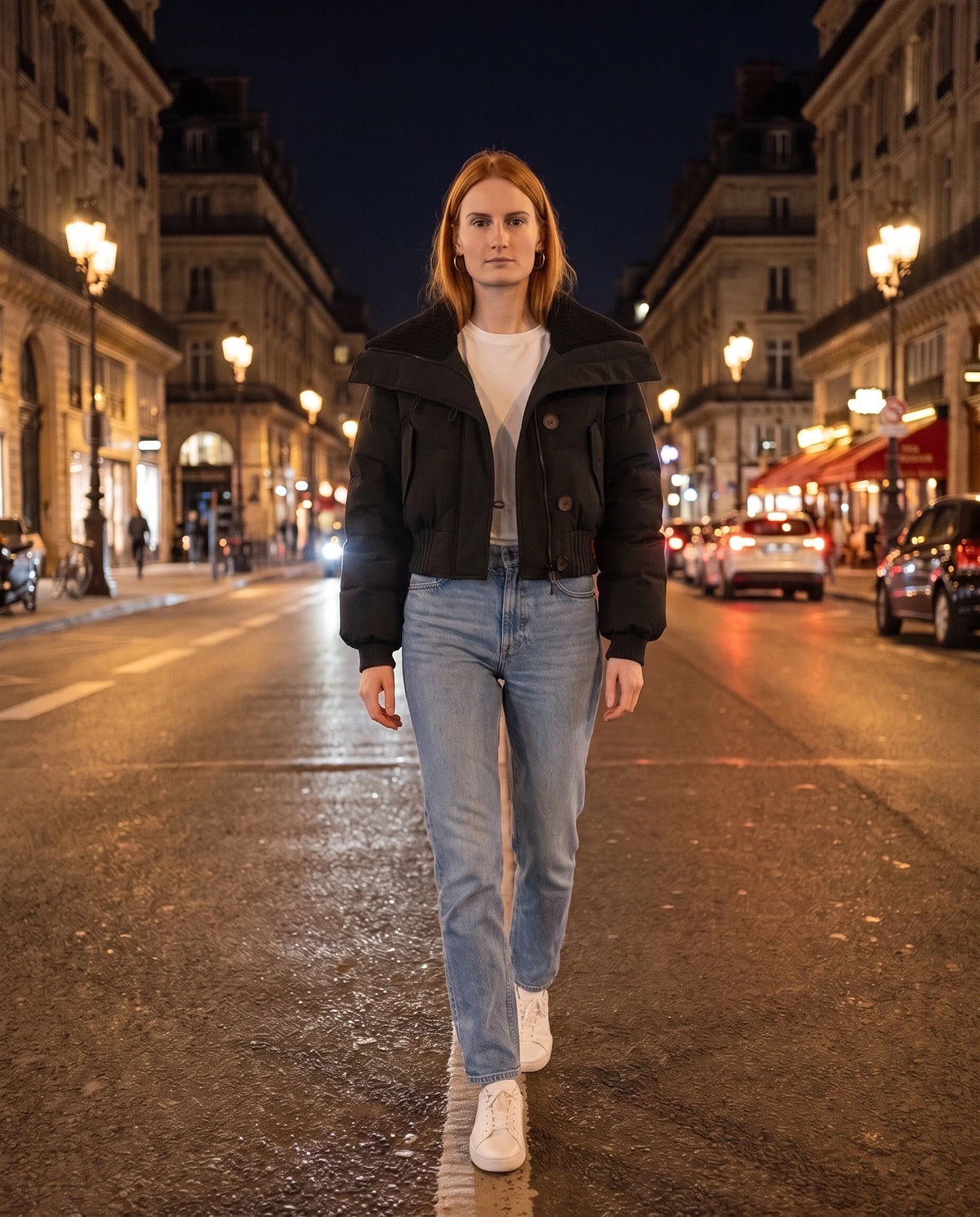 Doudoune courte à col tricot boutonnée Livie en Noir, portée sur un boulevard la nuit