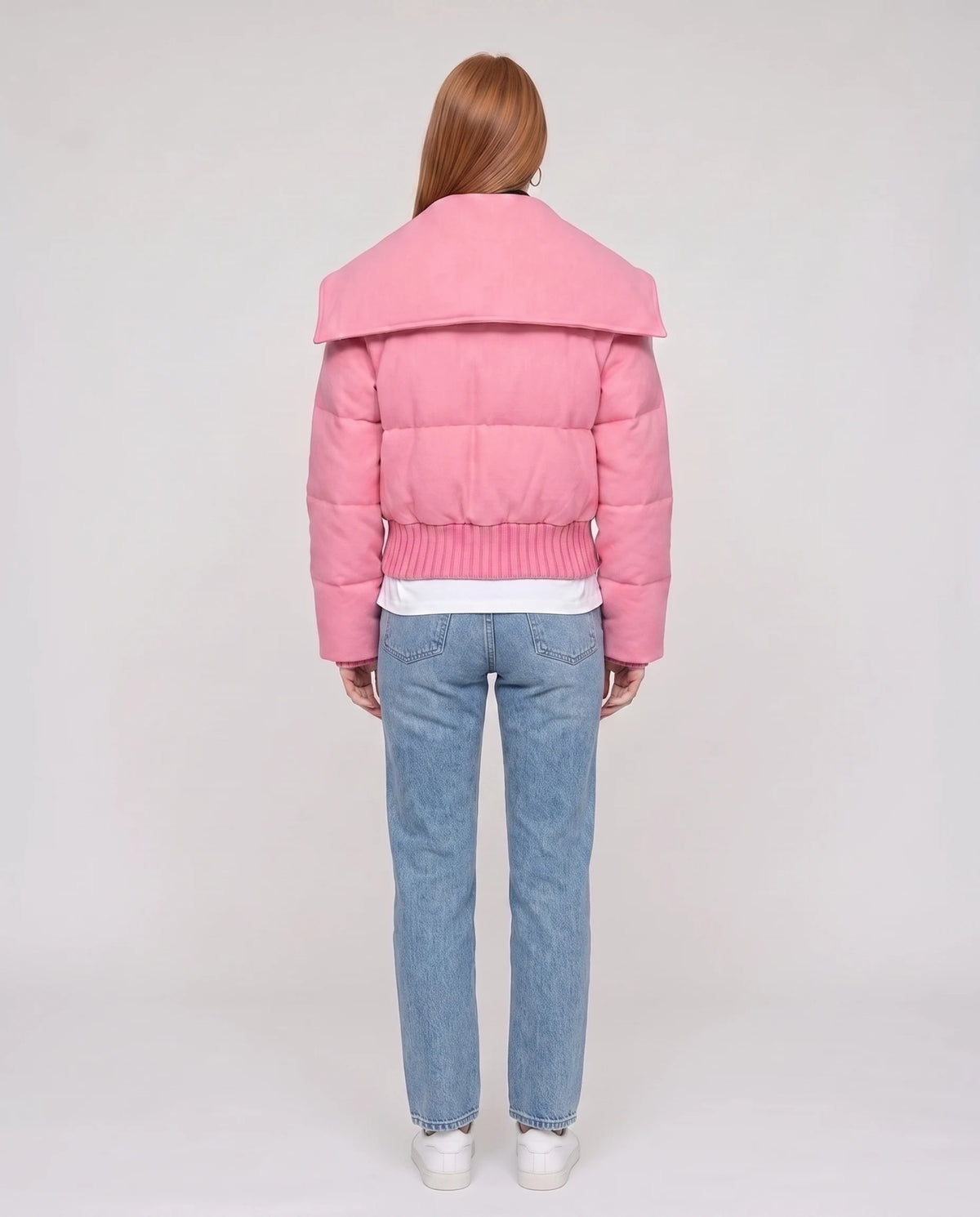 Doudoune courte à col tricot boutonnée Livie en Rose Bonbon, vue de dos