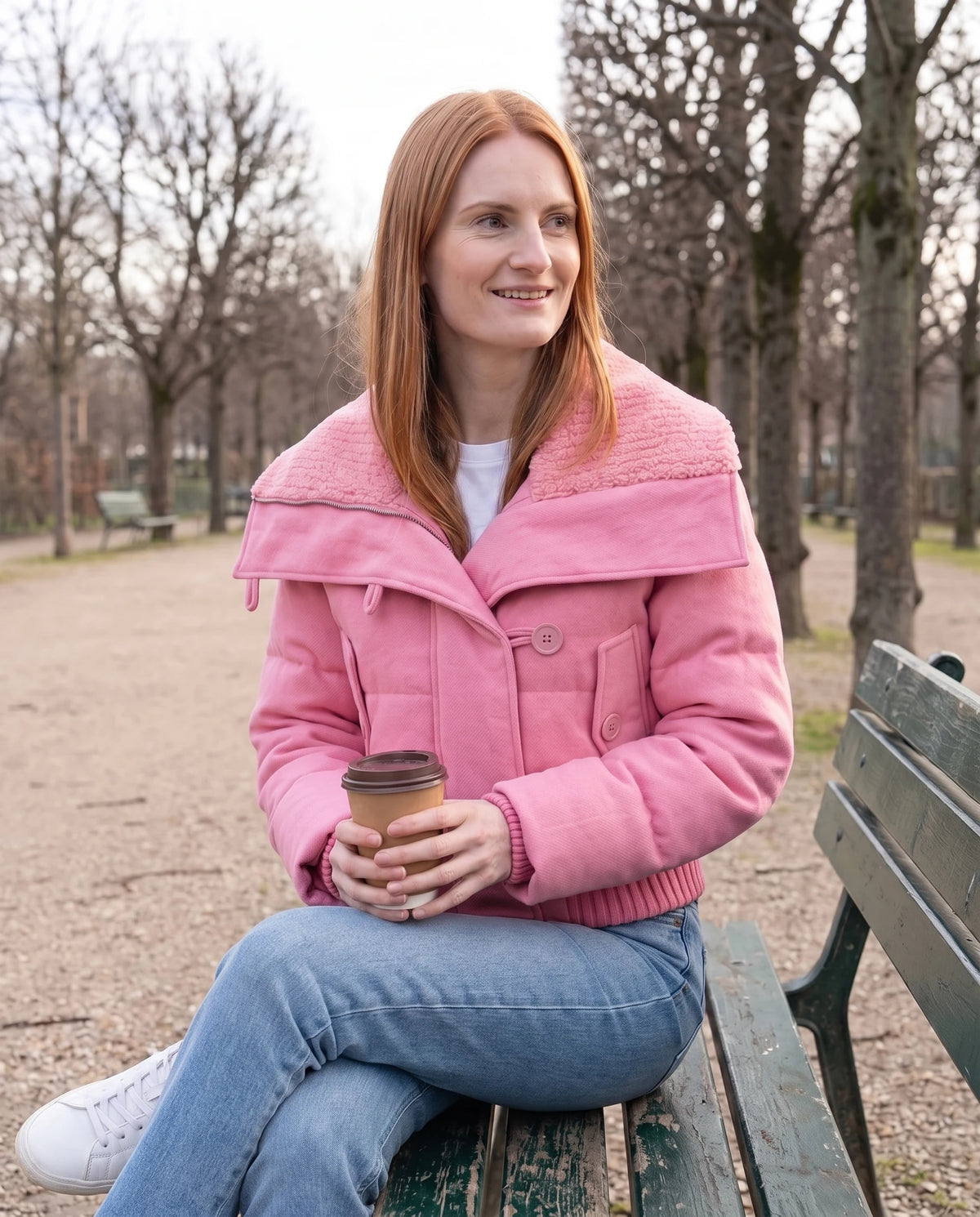 Doudoune courte à col tricot boutonnée Livie en Rose Bonbon, portée sur un banc de jardin public