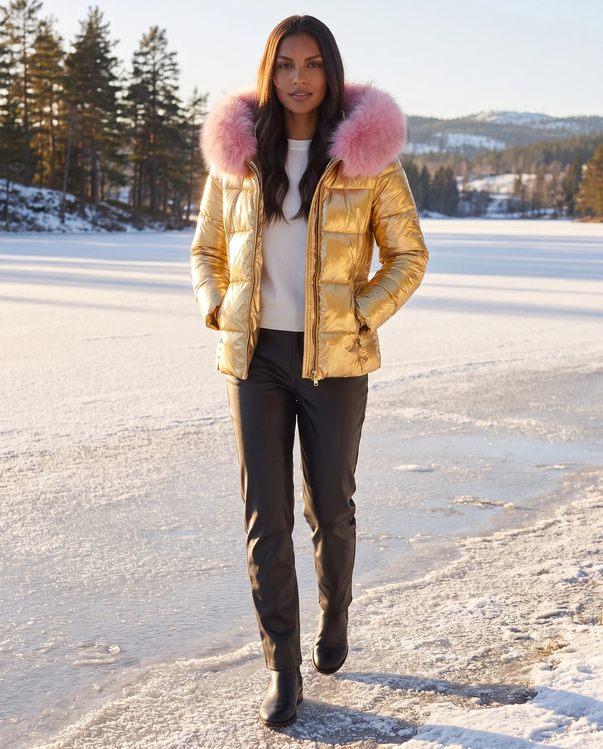Kurze glänzende Steppjacke mit Kunstfellkapuze Victoria in Gold, getragen an einem zugefrorenen Seeufer in der Wintersonne