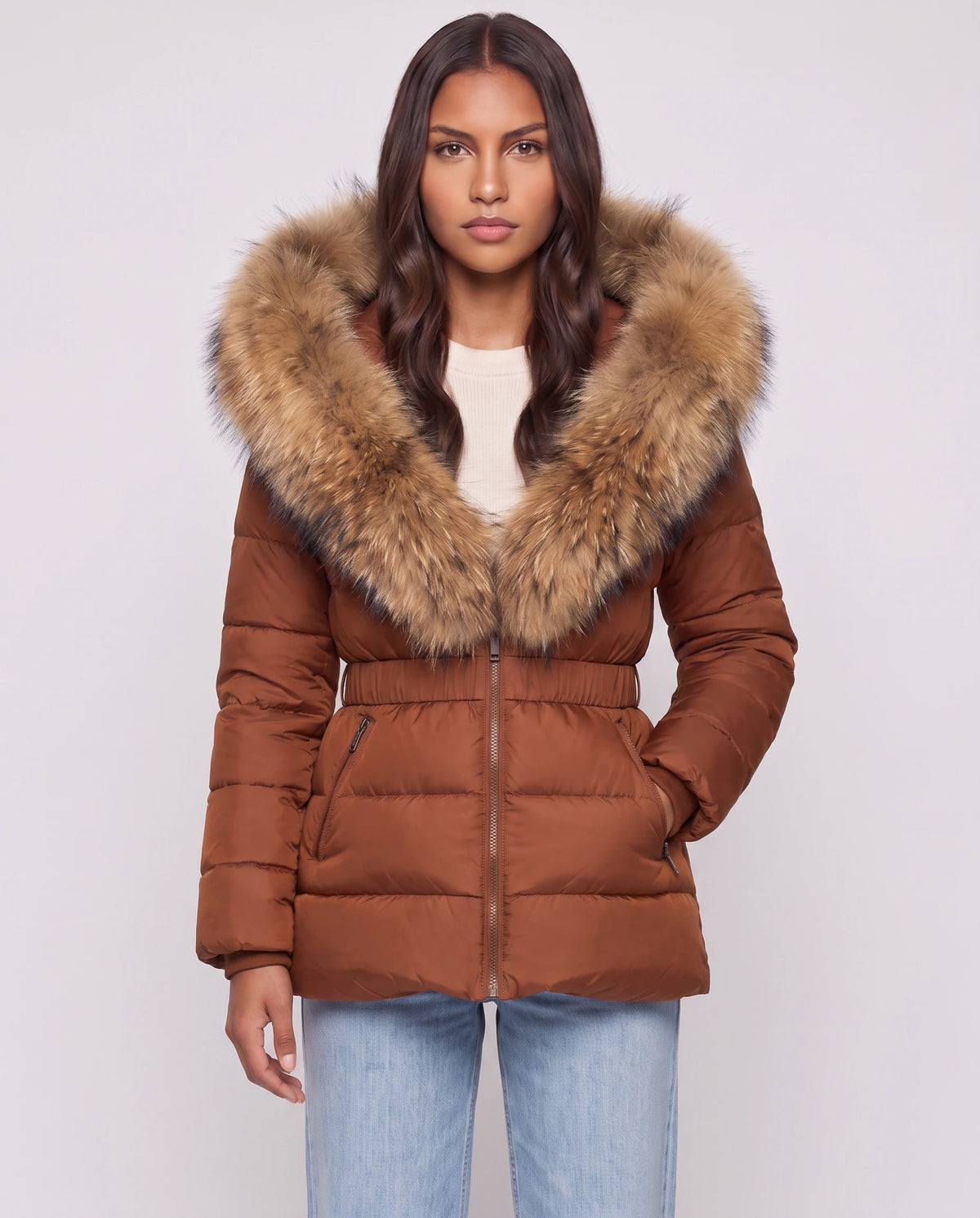 Doudoune courte à capuche fausse fourrure et taille élastiquée Tiphanie en Marron, plan rapproché, zippée, col fausse fourrure
