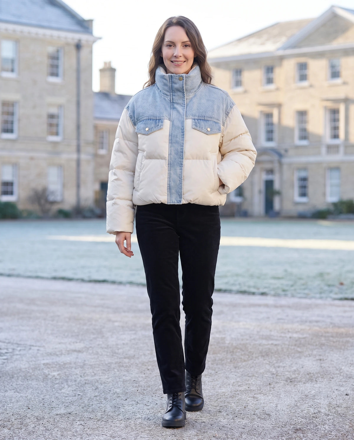 Doudoune courte oversize à empiècements en denim Annabelle écru, cour de campus par un matin d'hiver