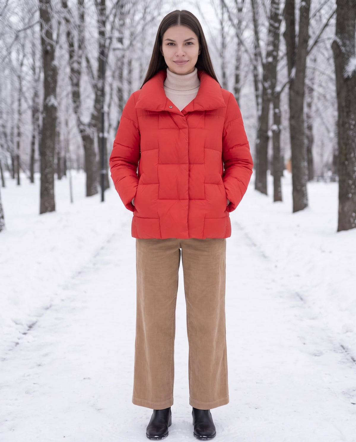 Kurze Steppjacke mit grossem Kragen und grossen Karos Stéphanie in Rot, getragen auf einem verschneiten Parkweg