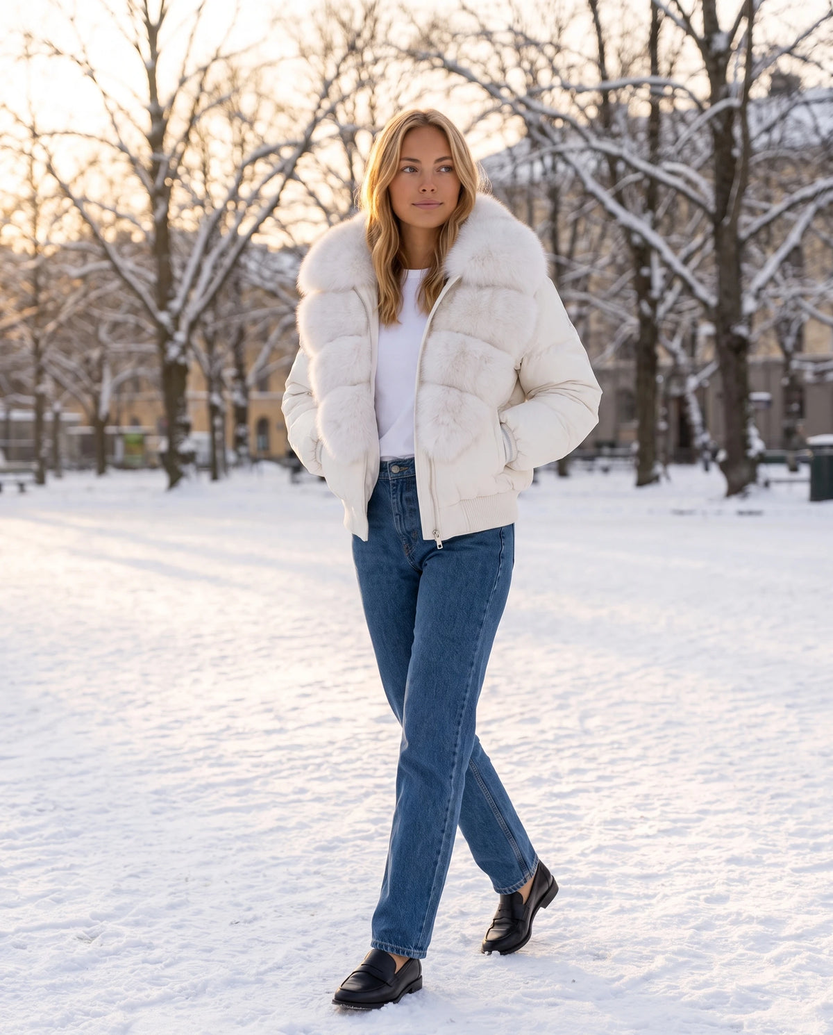 Kurze Steppjacke mit breitem Kunstfellkragen Eva in Weiss, getragen auf einem verschneiten Platz am frühen Morgen, Kragen hochgestellt
