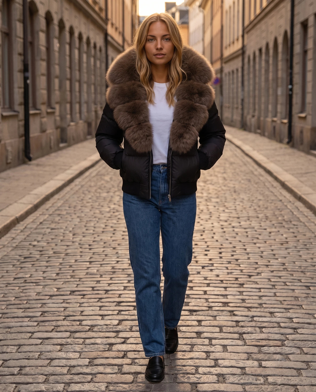 Kurze Steppjacke mit breitem Kunstfellkragen Eva in Schwarz, getragen in einer Kopfsteinpflasterstrasse in der Dämmerung, Kragen hochgestellt