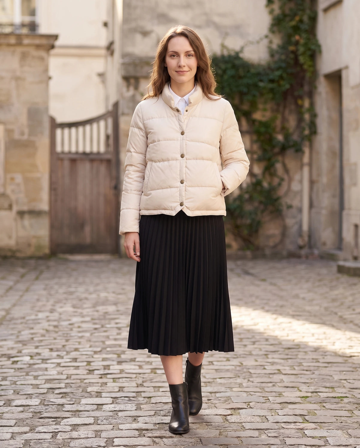 Doudoune courte légère façon blouson à pressions Christelle en Blanc Cassé, portée dans une cour pavée aux murs de pierre