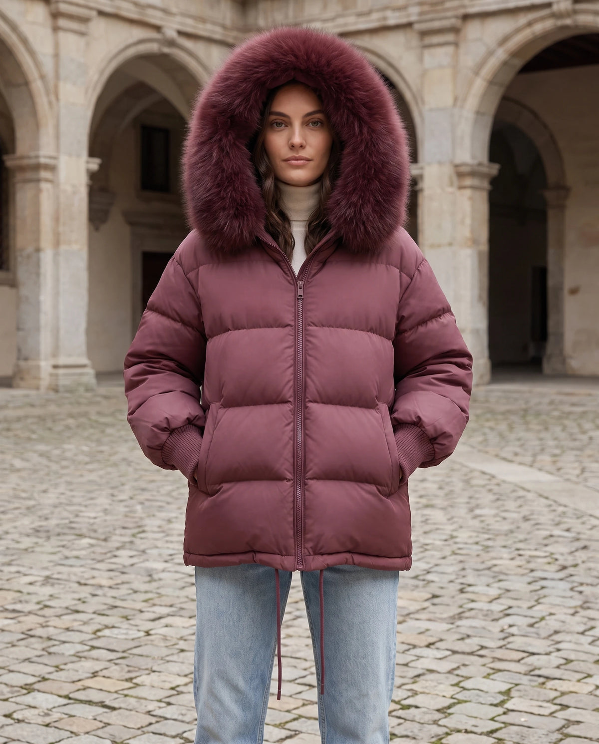 Doudoune courte oversize à capuche fausse fourrure Anna en Bordeaux, portée dans une cour pavée sous les arcades, capuche relevée