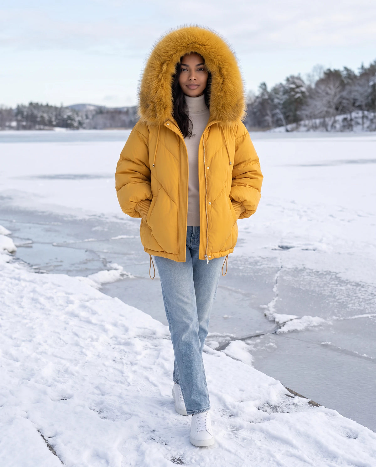 Doudoune courte oversize à capuche fausse fourrure Anna en Jaune Moutarde, portée sur un quai de lac gelé en hiver, capuche relevée