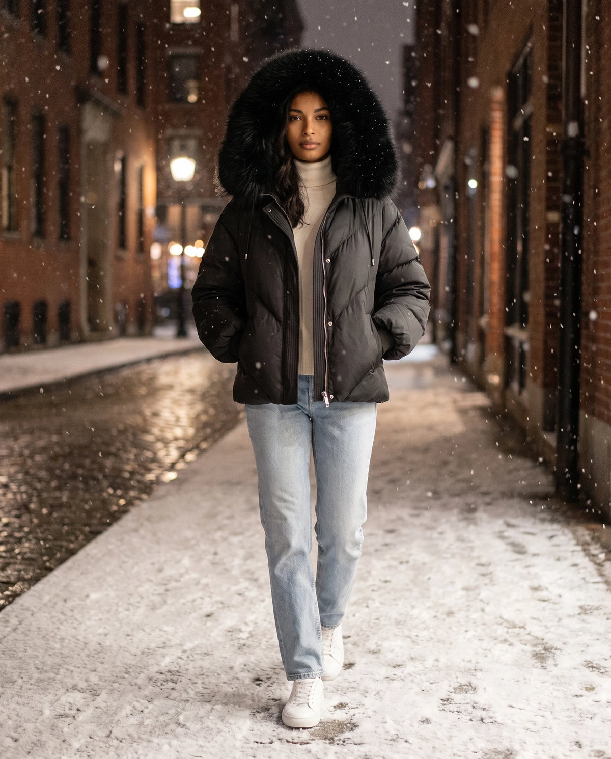 Doudoune courte oversize à capuche fausse fourrure Anna en Noir, portée dans une rue de ville sous la neige le soir, capuche relevée