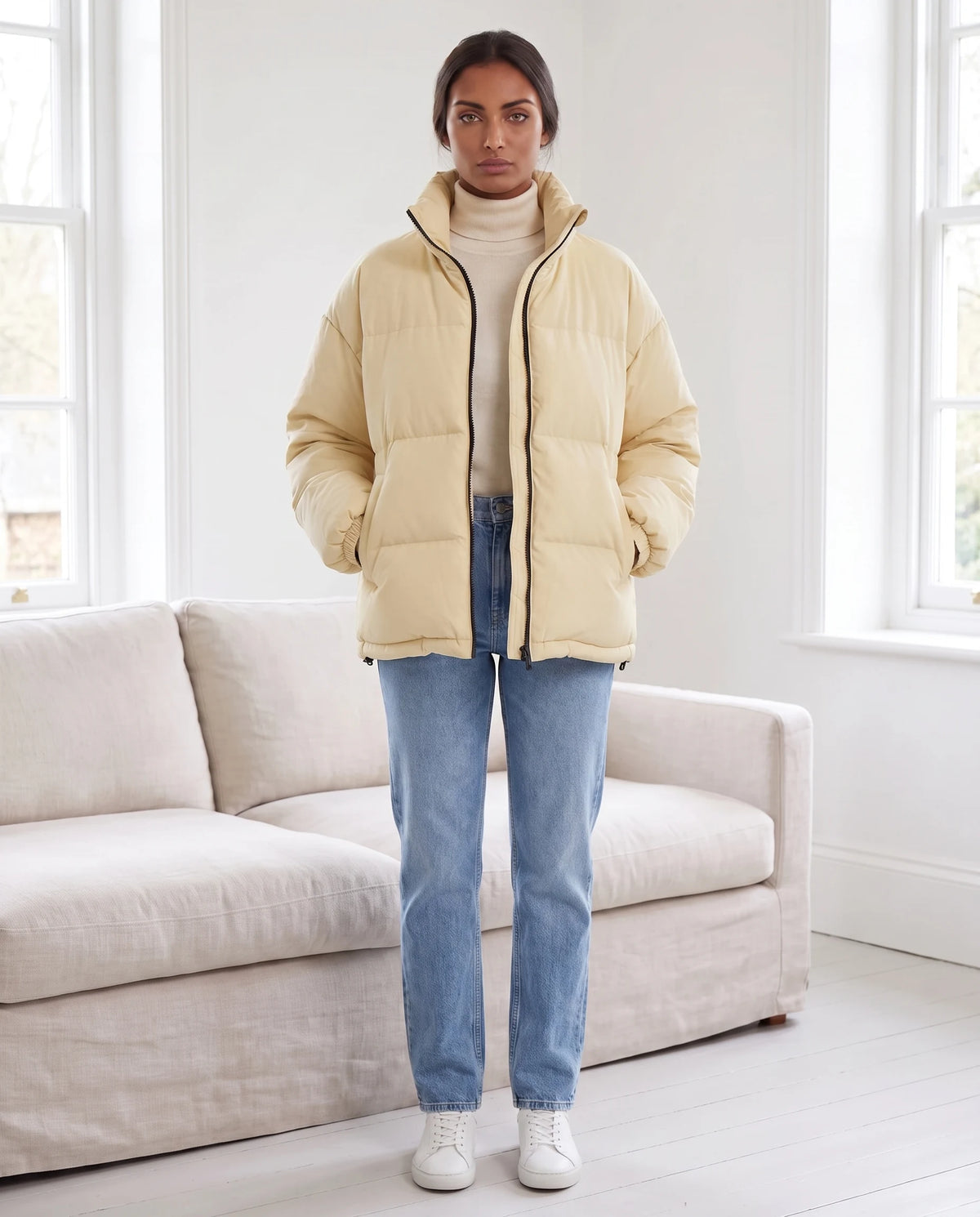 Doudoune courte oversize col montant zip contrasté Alice en Crème, portée dans un salon lumineux