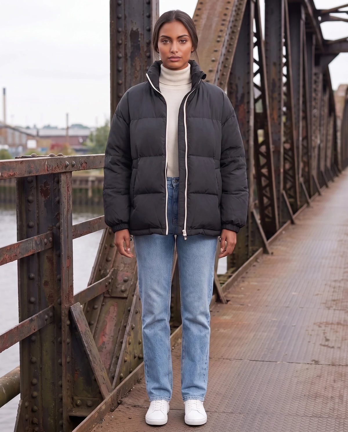 Doudoune courte oversize col montant zip contrasté Alice en Noir, portée sur un pont de fer