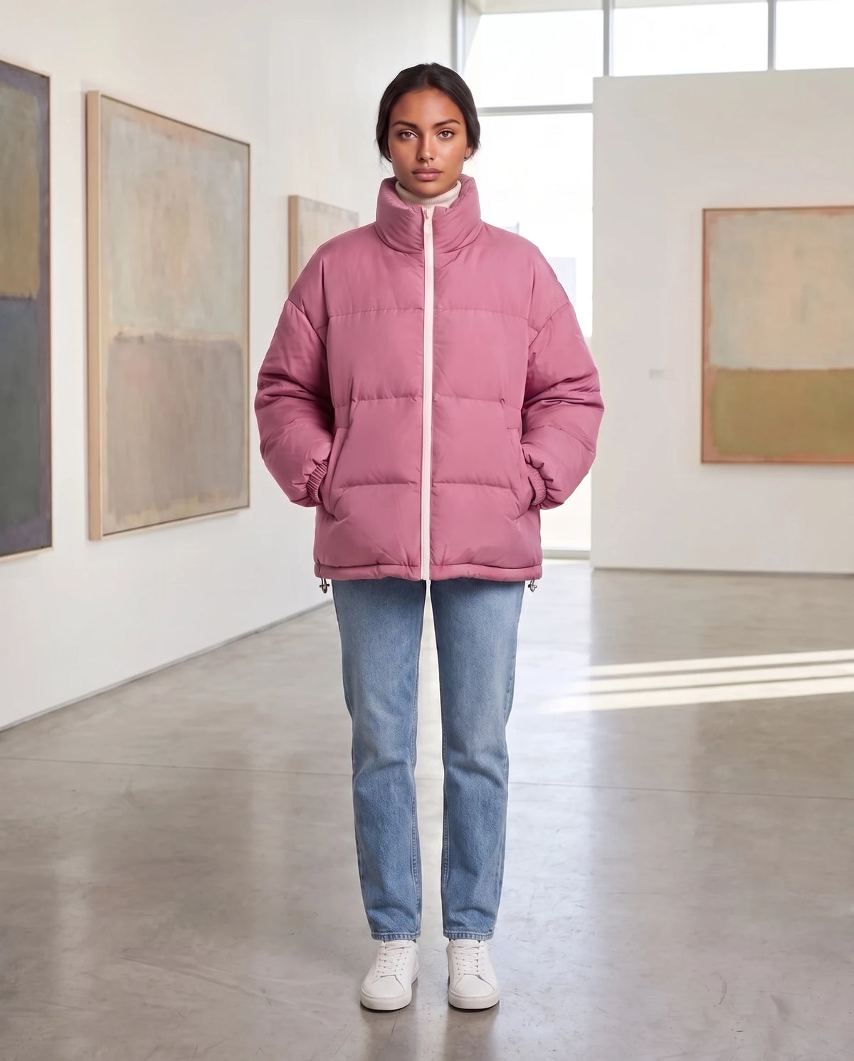 Doudoune courte oversize col montant zip contrasté Alice en Rose, portée dans une galerie d'art aux murs blancs
