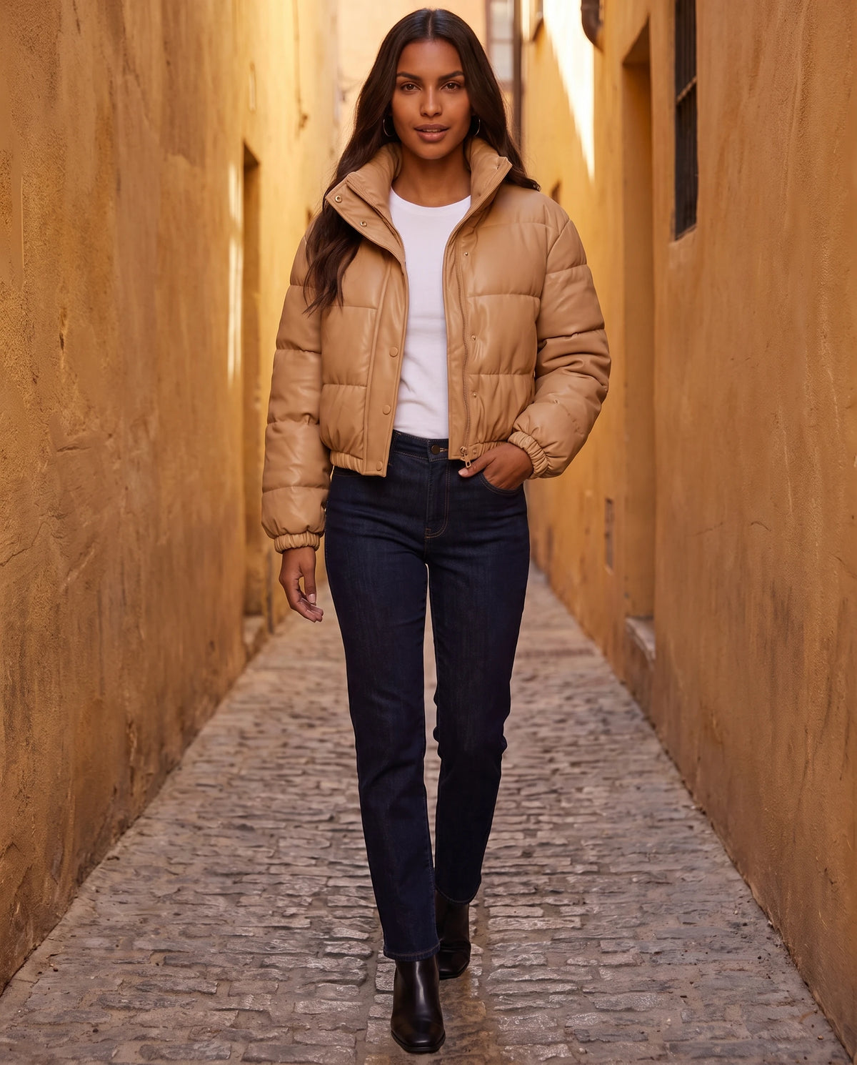 Kurze Steppjacke aus beschichtetem Stoff Alaïs in Camel, getragen in einer ockerfarbenen Gasse