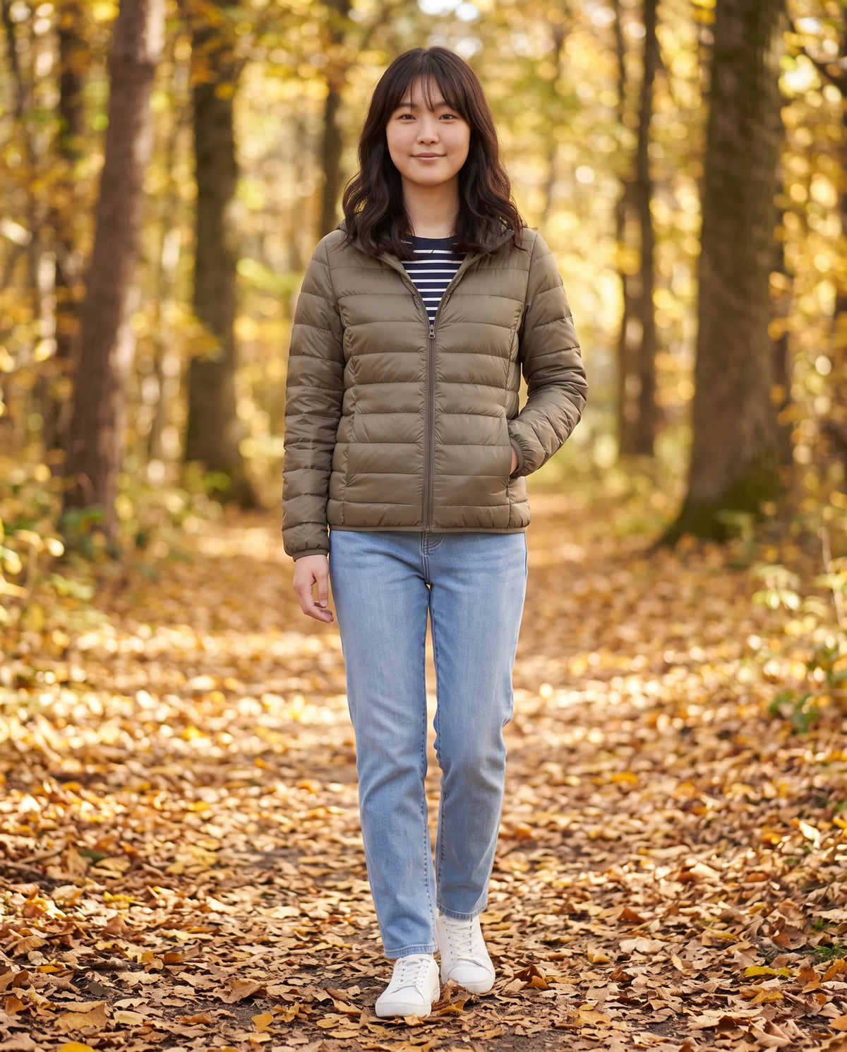 Doudoune courte ultra-légère à capuche pliable Florence en Kaki, portée sur un sentier forestier en automne
