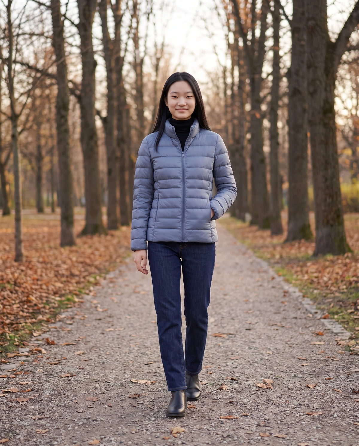 Ultraleichte kurze Steppjacke mit Stehkragen Myriam in Dunstblau, getragen in einem Park mit hohen kahlen Bäumen