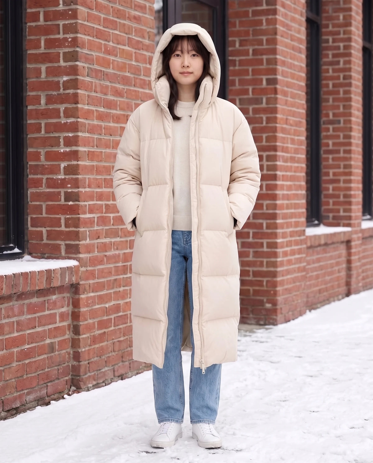 Doudoune extra-longue à capuche amovible Nolwenn en Beige, portée devant une façade de brique rouge enneigée, capuche relevée