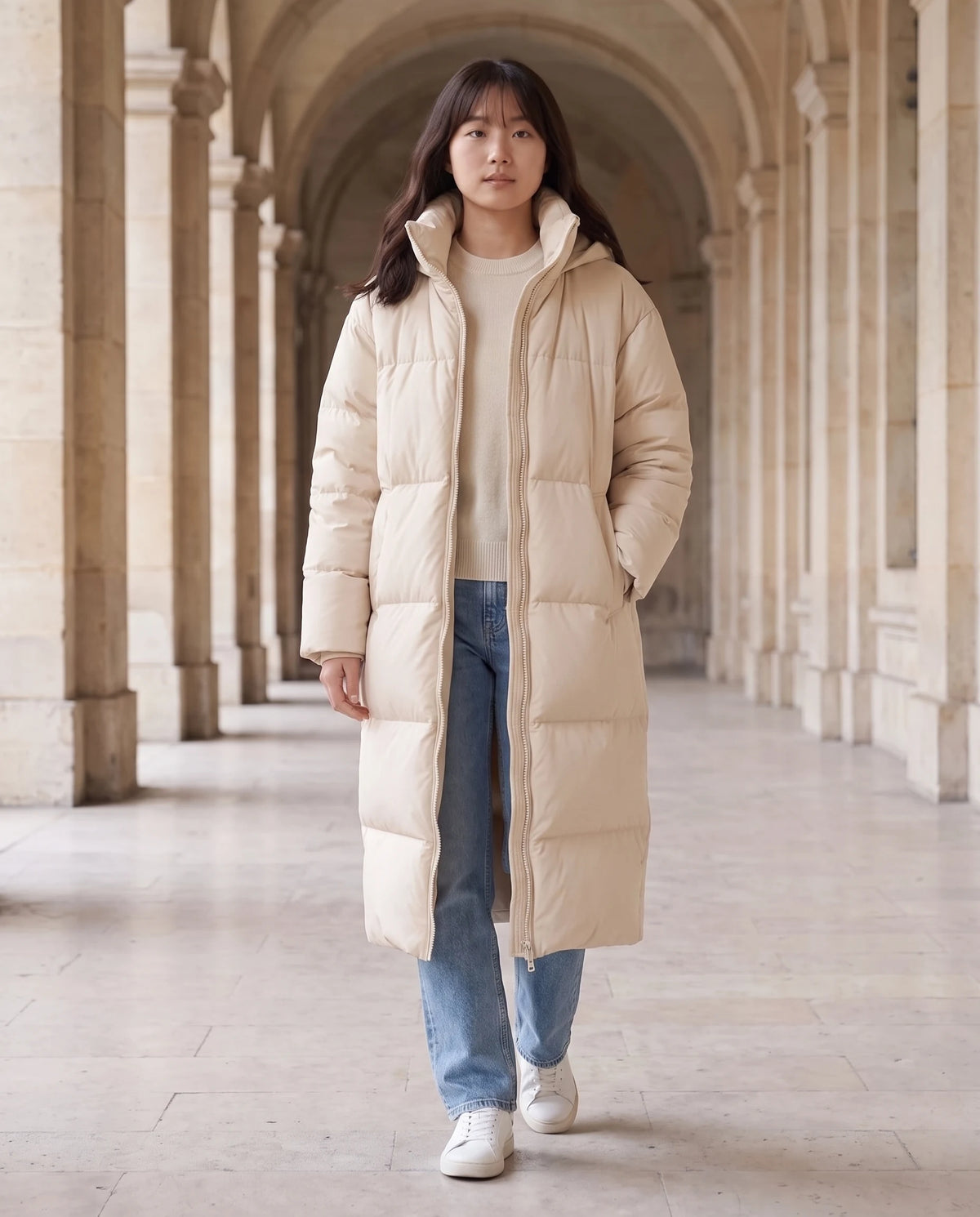 Doudoune extra-longue à capuche amovible Nolwenn en Beige, portée sous les arcades d'un musée