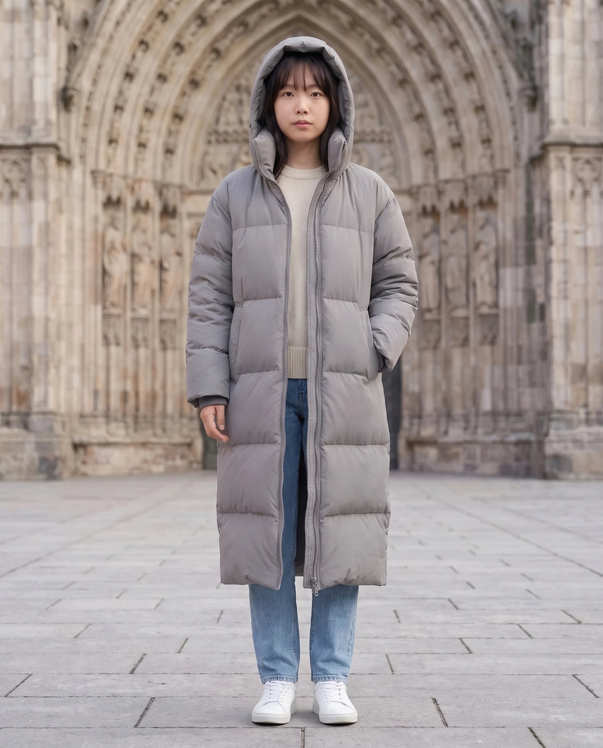 Doudoune extra-longue à capuche amovible Nolwenn en Gris, portée sur le parvis d'une cathédrale, capuche relevée