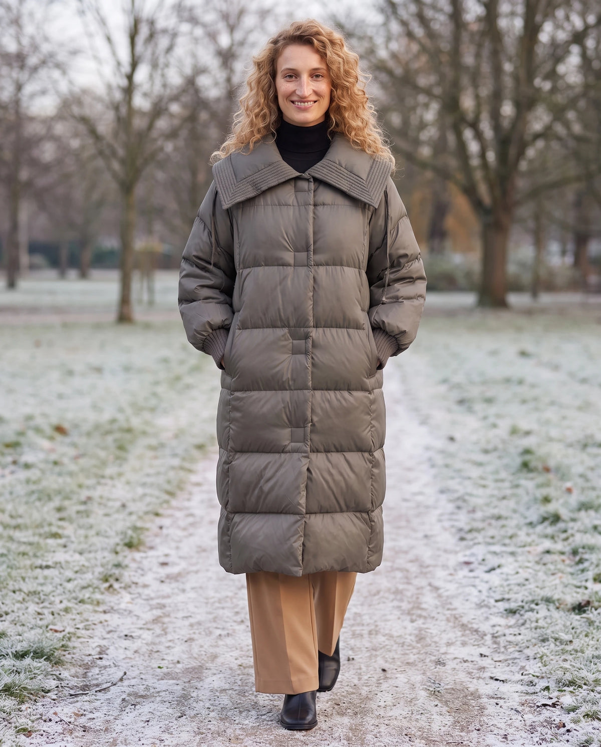 Doudoune extra-longue à grand col carré et poignets tricot Anastasia en Gris Taupe, portée dans une allée de parc en hiver