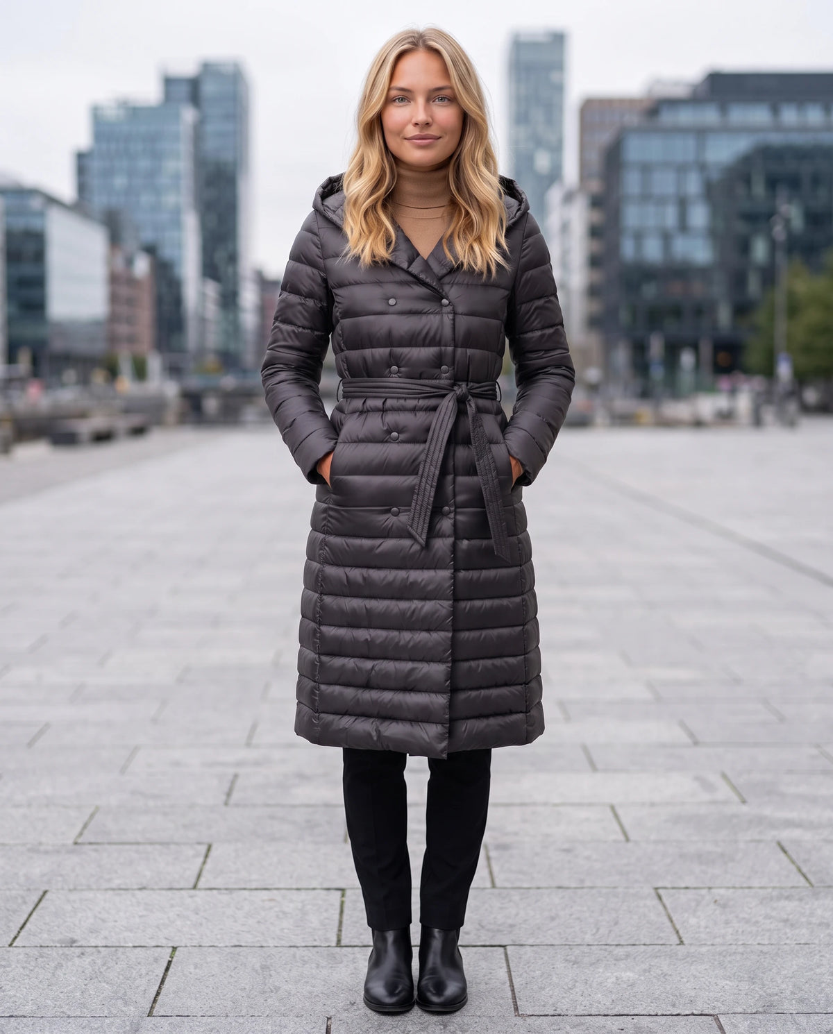 Doudoune extra-longue légère à capuche et double boutonnage Joëlle en Gris Anthracite, portée sur une esplanade de pierre grise en ville