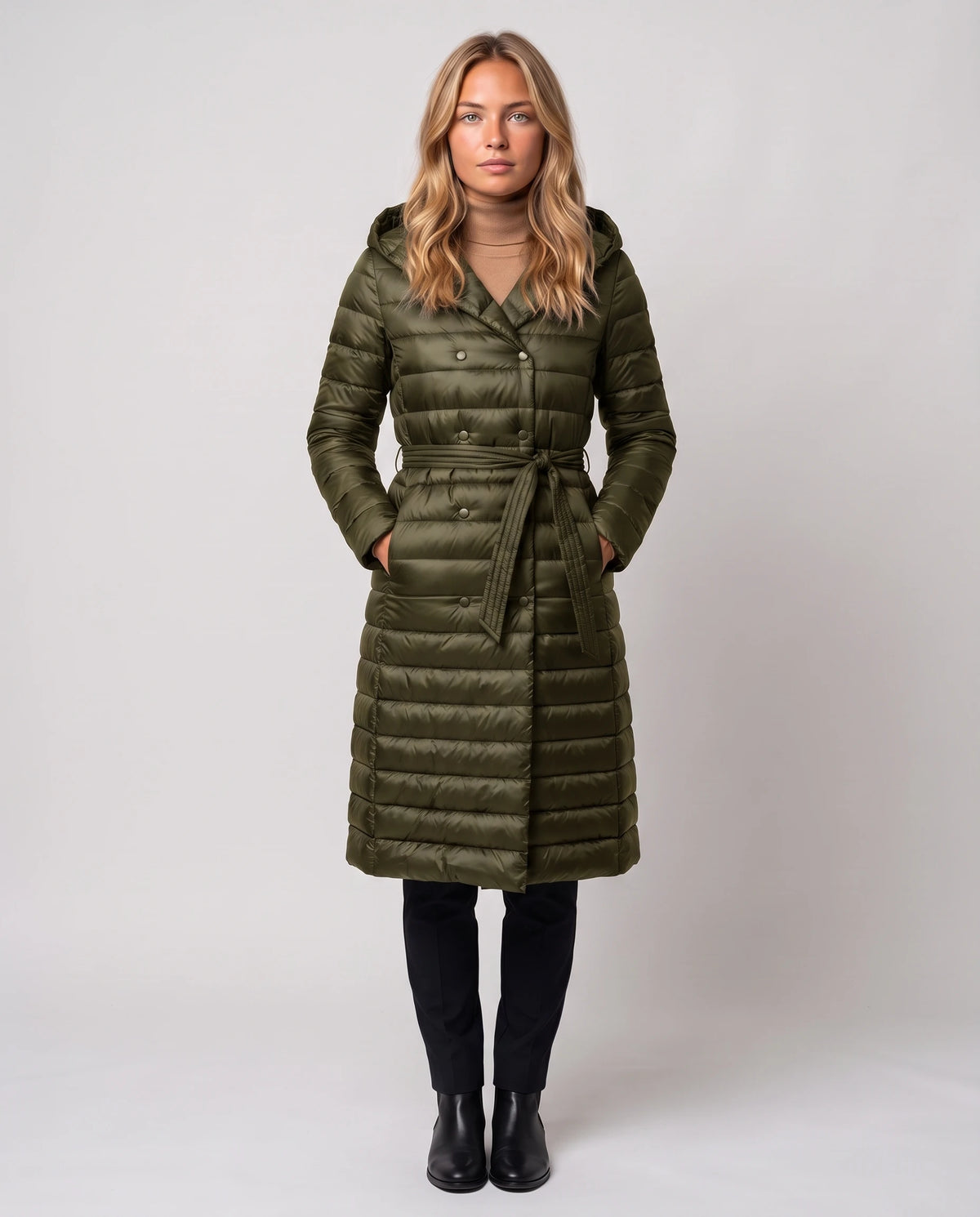 Doudoune extra-longue légère à capuche et double boutonnage Joëlle en Vert Olive, vue de face en pied, pressionnée, ceinture nouée