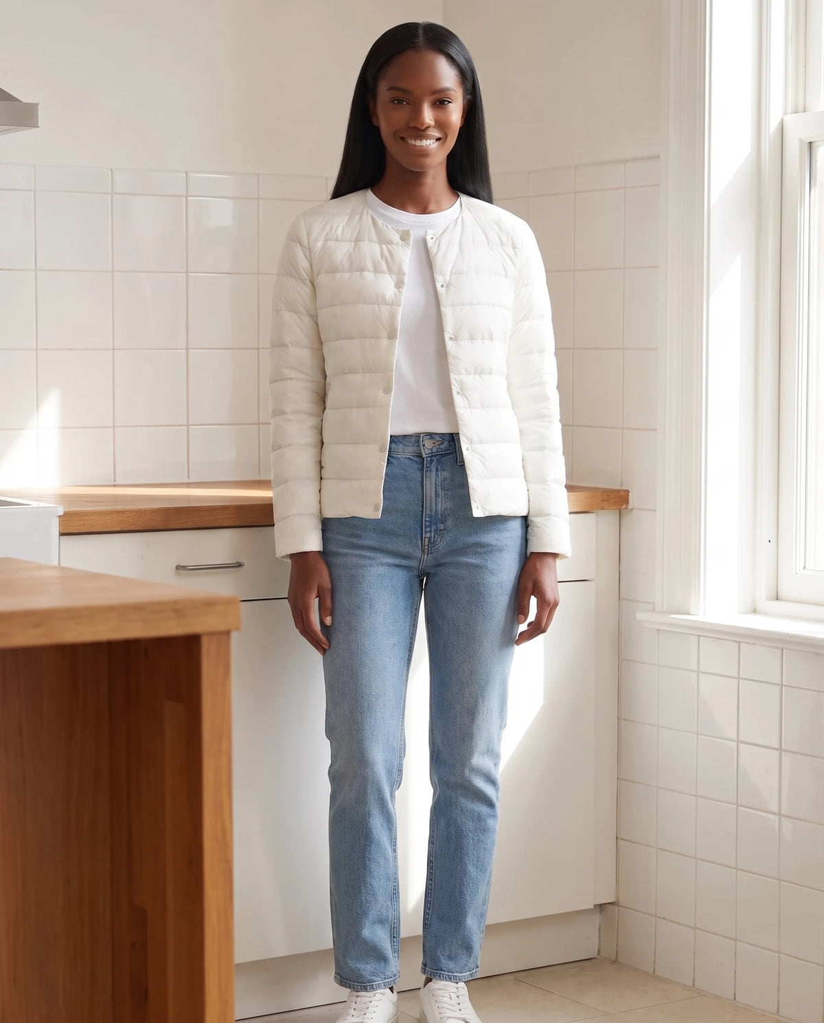 Leichte dünne Steppjacke mit Rundhals Sophie in Weiss, getragen in einer Küche mit weissen Fliesen