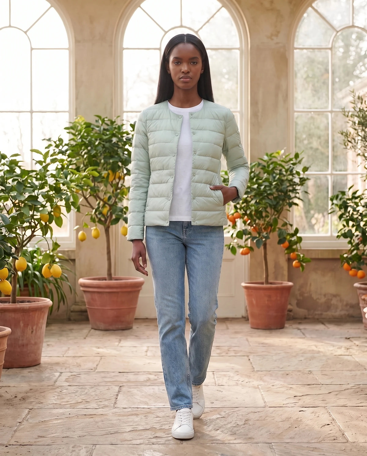 Leichte dünne Steppjacke mit Rundhals Sophie in Salbeigrün, getragen in einer Orangerie