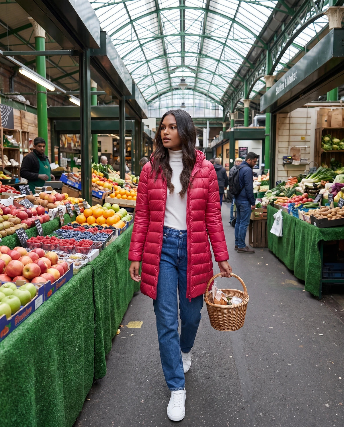 Doudoune légère Nélie en Rose Framboise, portée dans une halle de marché