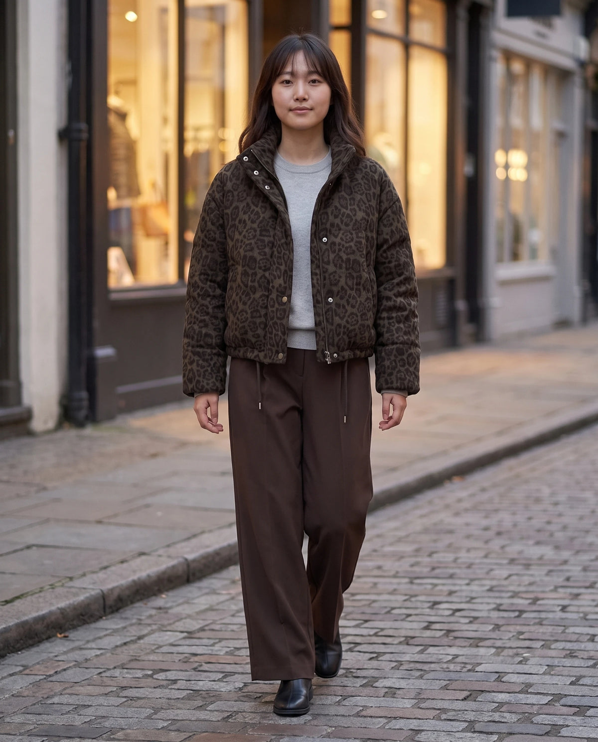 Kurze Steppjacke mit Leopardenmuster Auréline in Leopard Kaffeebraun, offen getragen, draußen