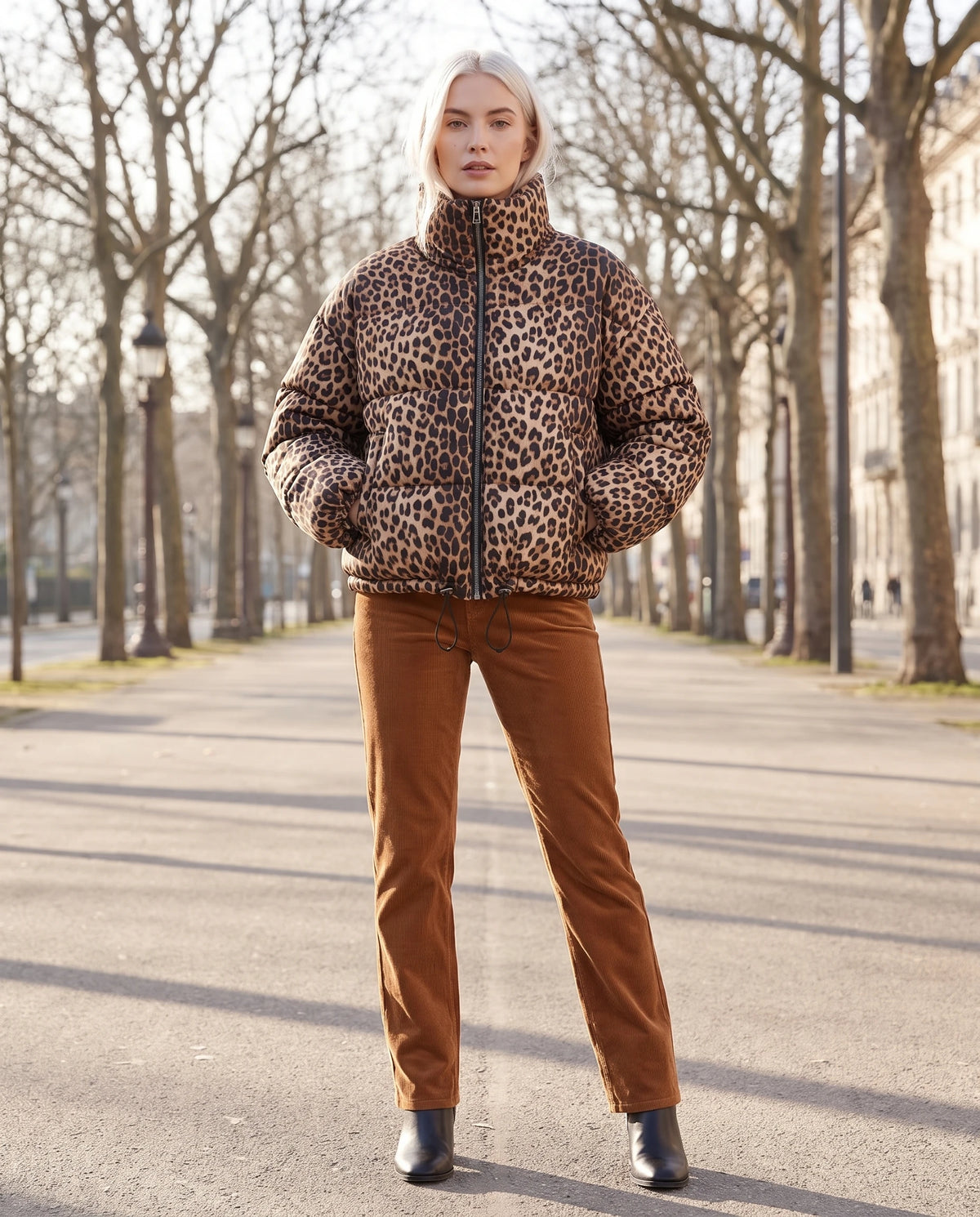 Kurze Steppjacke mit Leopardenmuster Mona, draußen getragen, Hände in den Taschen