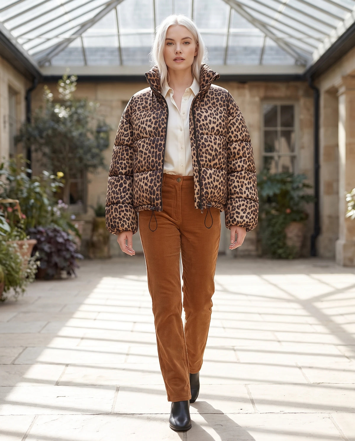 Kurze Steppjacke mit Leopardenmuster Mona, offen getragen, draußen