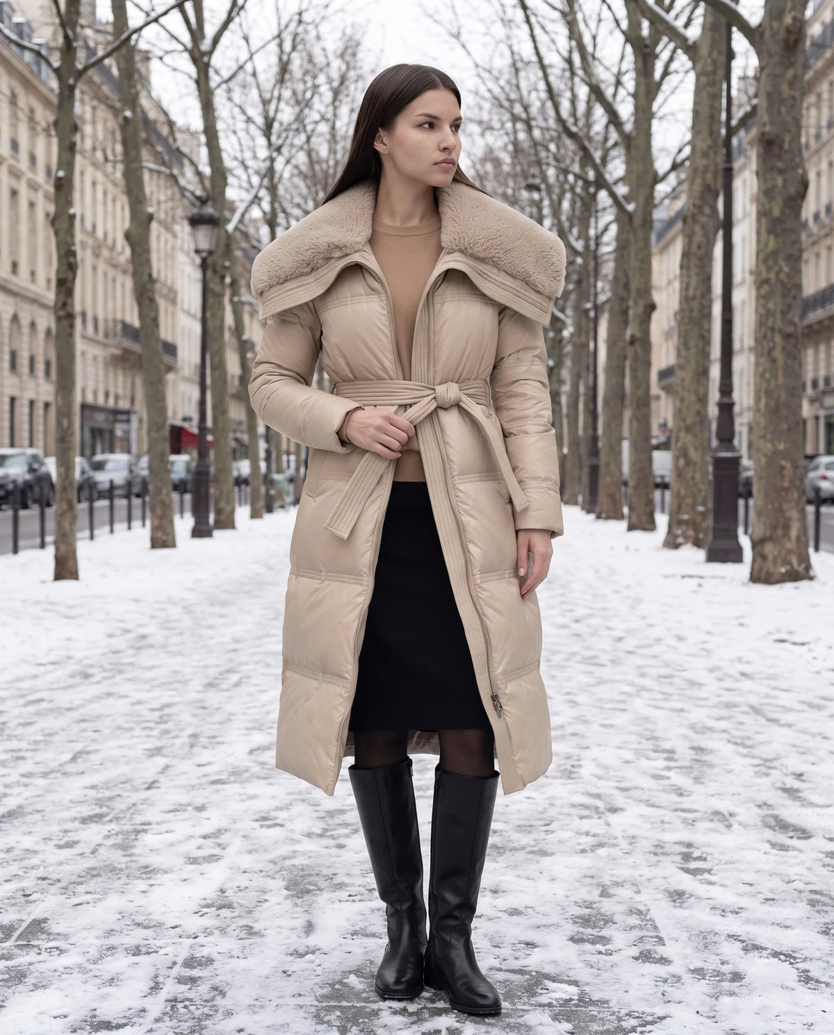 Doudoune longue ceinturée à col fausse fourrure Auriane en Beige, portée sur un boulevard bordé de platanes sous la neige