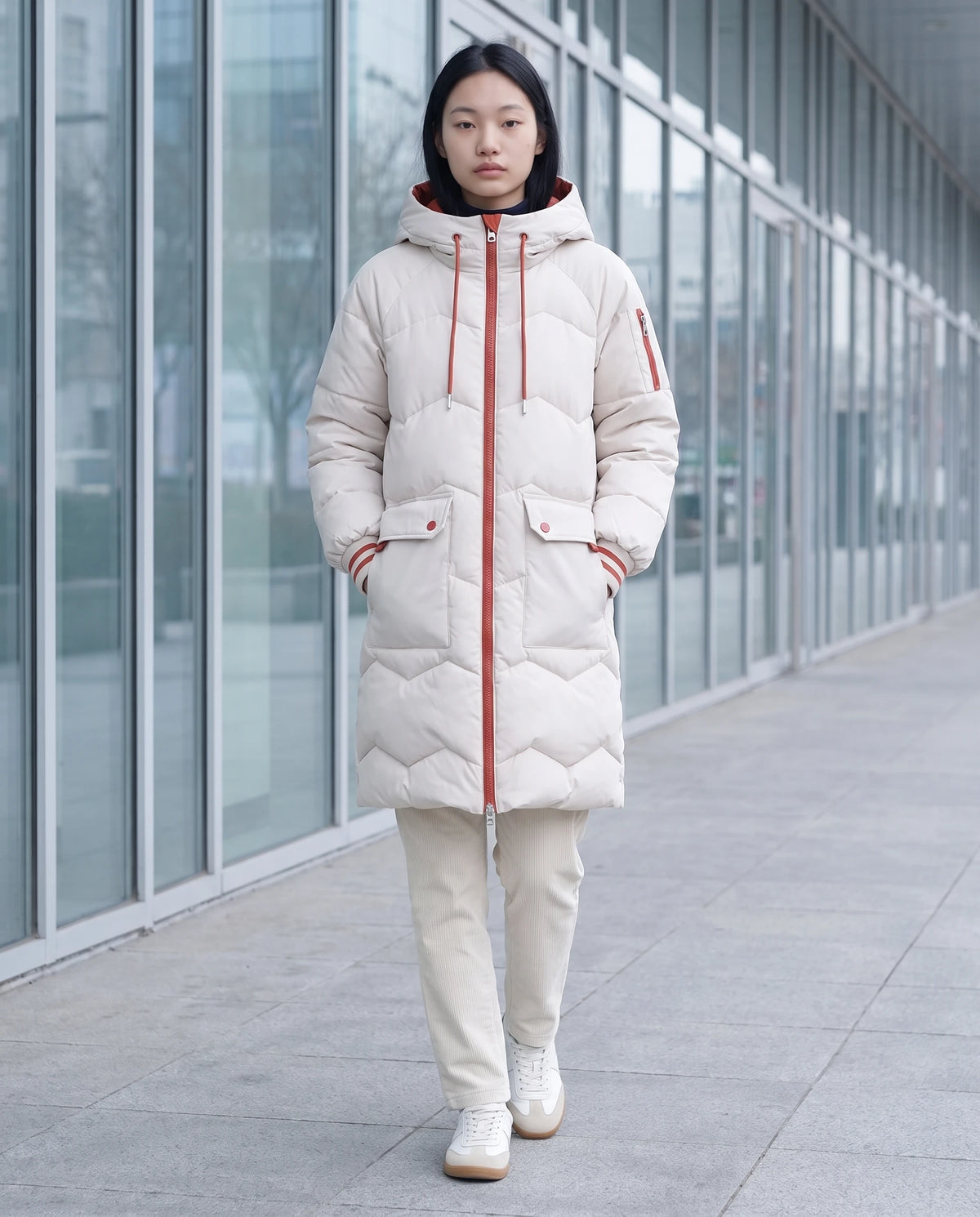 Doudoune longue oversize à chevrons Edmée blanc cassé, trottoir le long d'une façade vitrée en hiver
