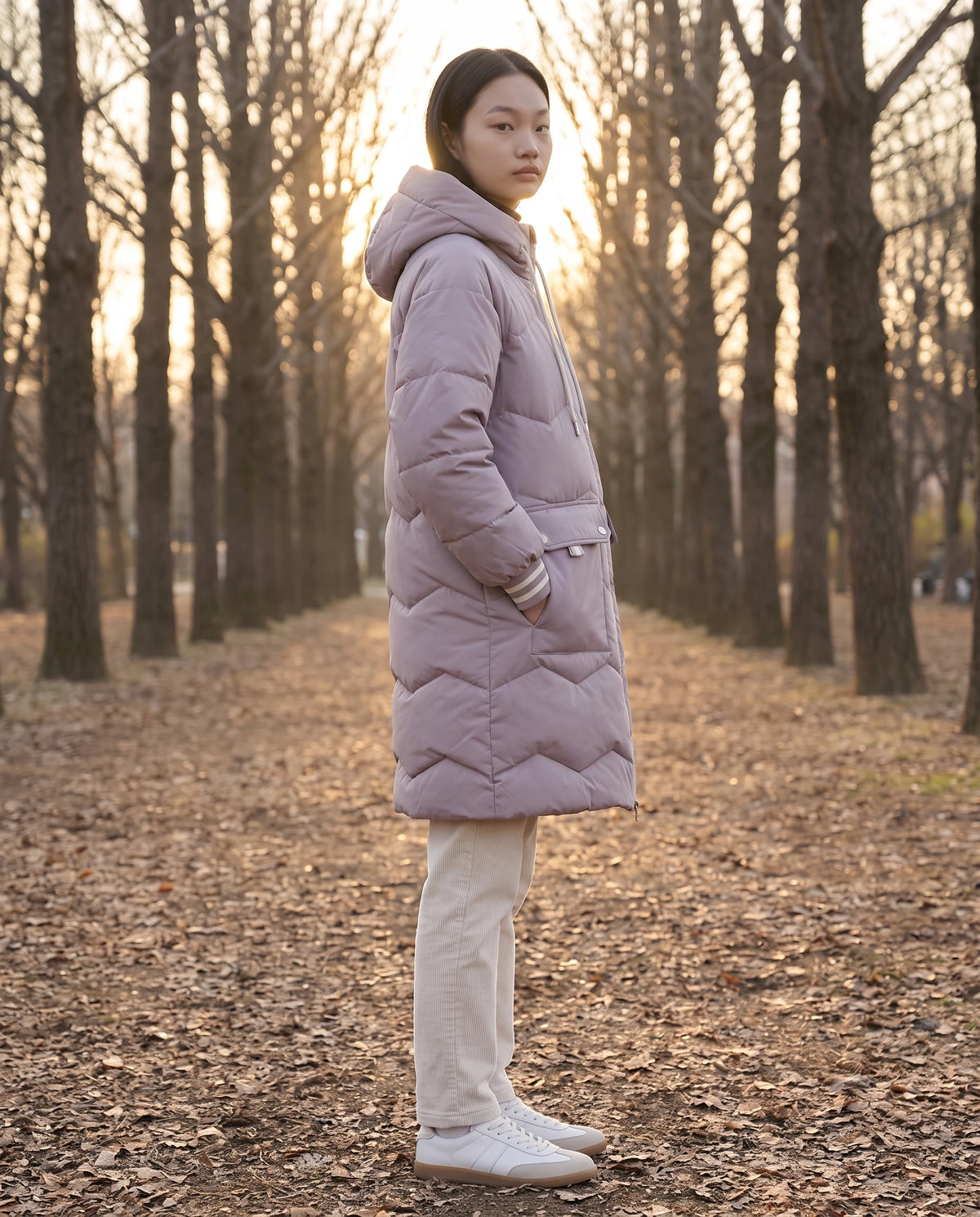 Doudoune longue oversize à chevrons Edmée mauve poudré, avenue d'arbres nus au soleil bas