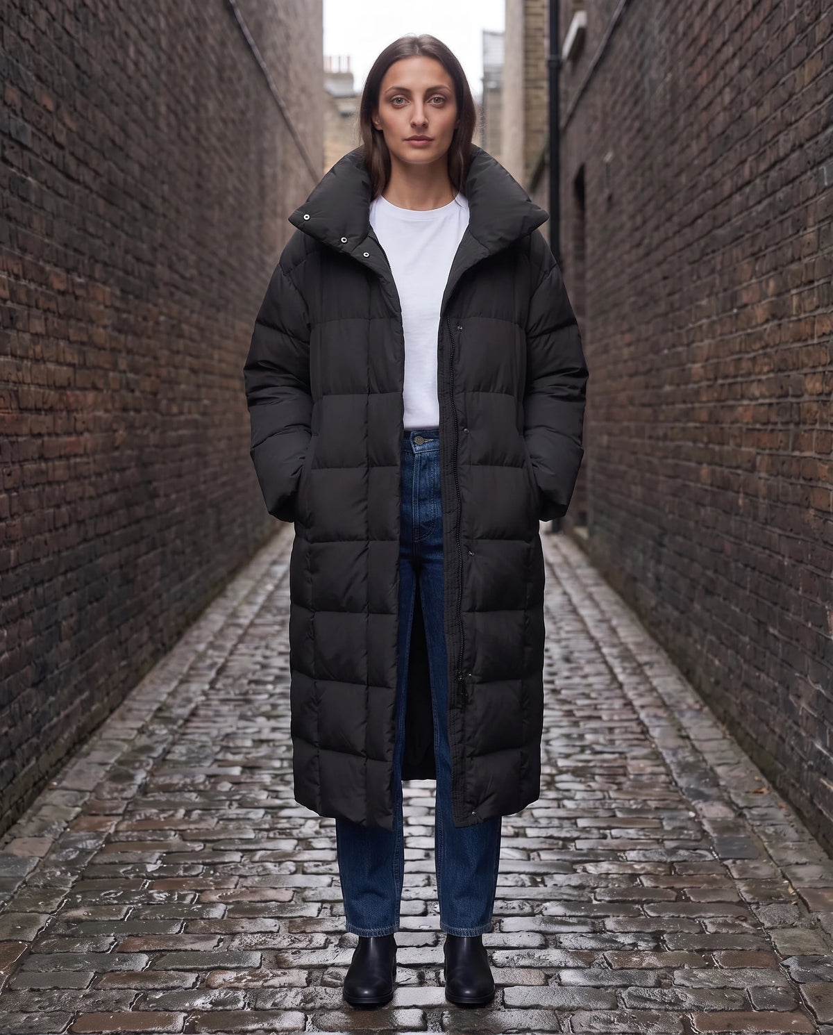 Doudoune longue oversize à col cheminée Laure en Noir, portée dans une ruelle de briques sombres, col entrouvert
