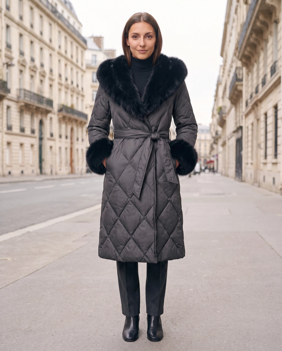 Doudoune longue portefeuille à losanges, capuche et manchettes fausse fourrure Nelly en Gris Anthracite, portée sur une avenue bordée d'immeubles en pierre